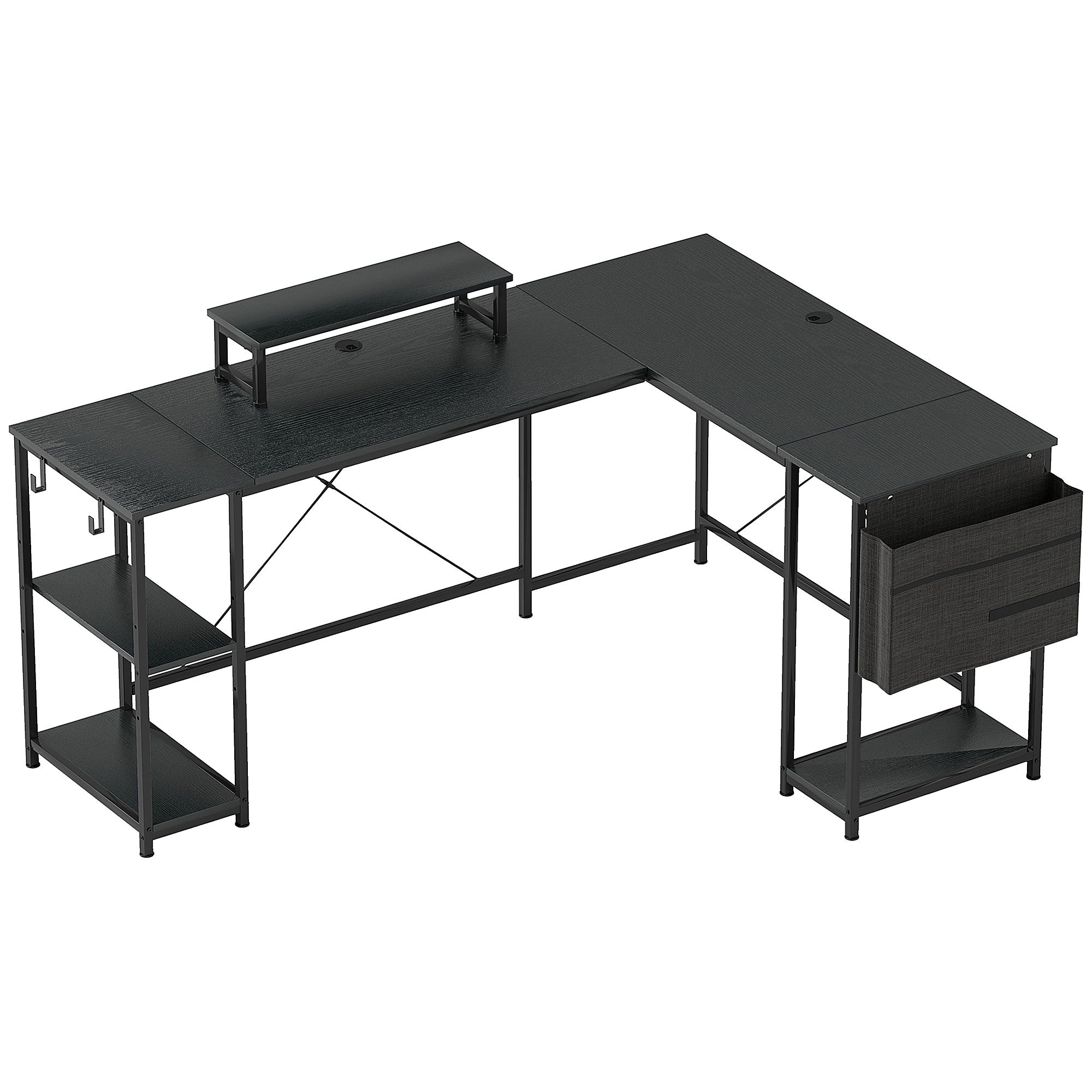 Reversible Modular Corner Desk with Storage, 66–94 in Industrial Black — Adjustable Shelves, Storage Pocket & Monitor Stand, Seats 2