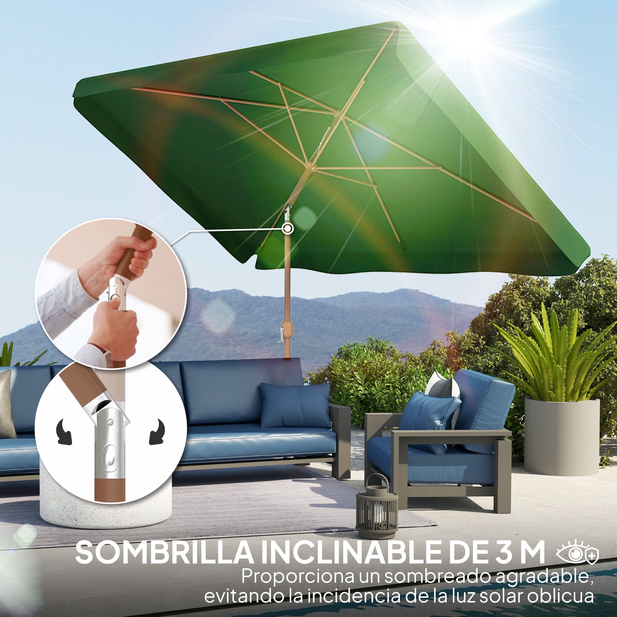 Outdoor Terrace Umbrella 300x200 cm Patio Umbrella with Adjustable Angle Aluminum Pole Crank and UV 50+ Protection Umbrella for Garden Patio Dark Green