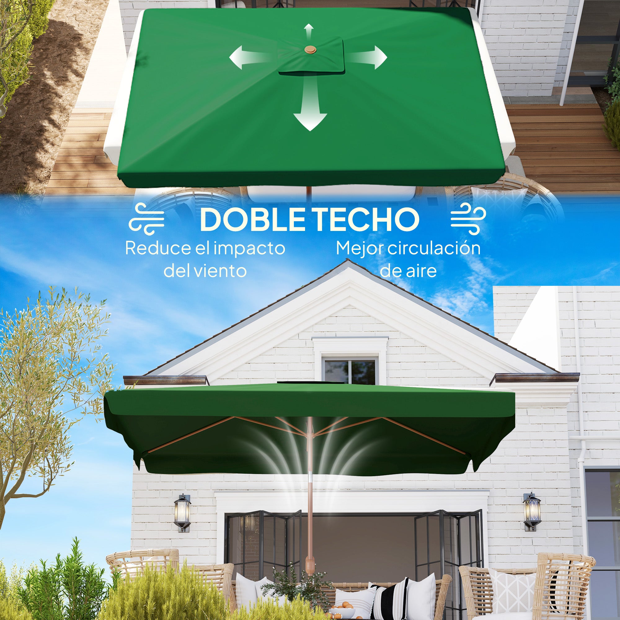 Outdoor Terrace Umbrella 300x200 cm Patio Umbrella with Adjustable Angle Aluminum Pole Crank and UV 50+ Protection Umbrella for Garden Patio Dark Green