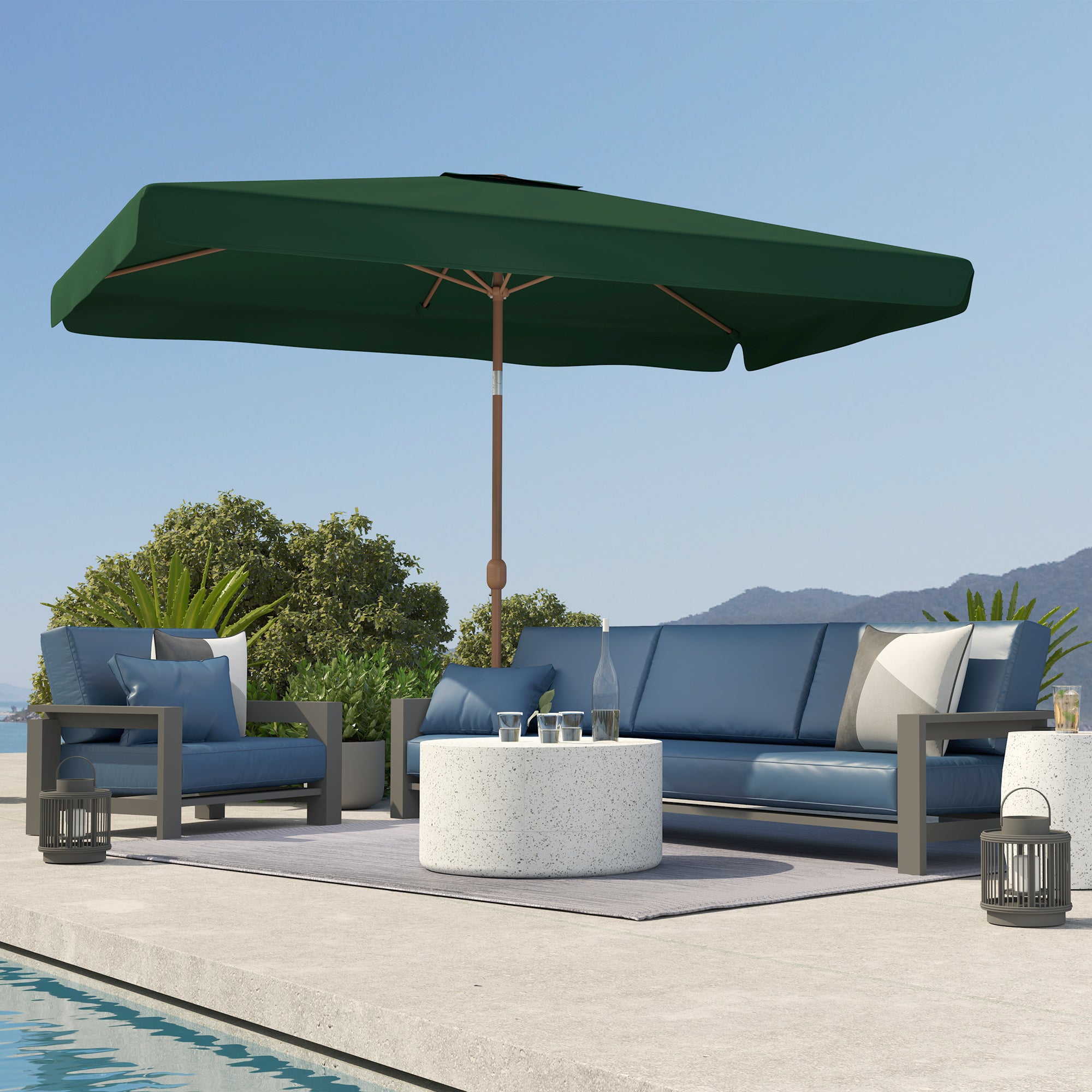 Outdoor Terrace Umbrella 300x200 cm Patio Umbrella with Adjustable Angle Aluminum Pole Crank and UV 50+ Protection Umbrella for Garden Patio Dark Green