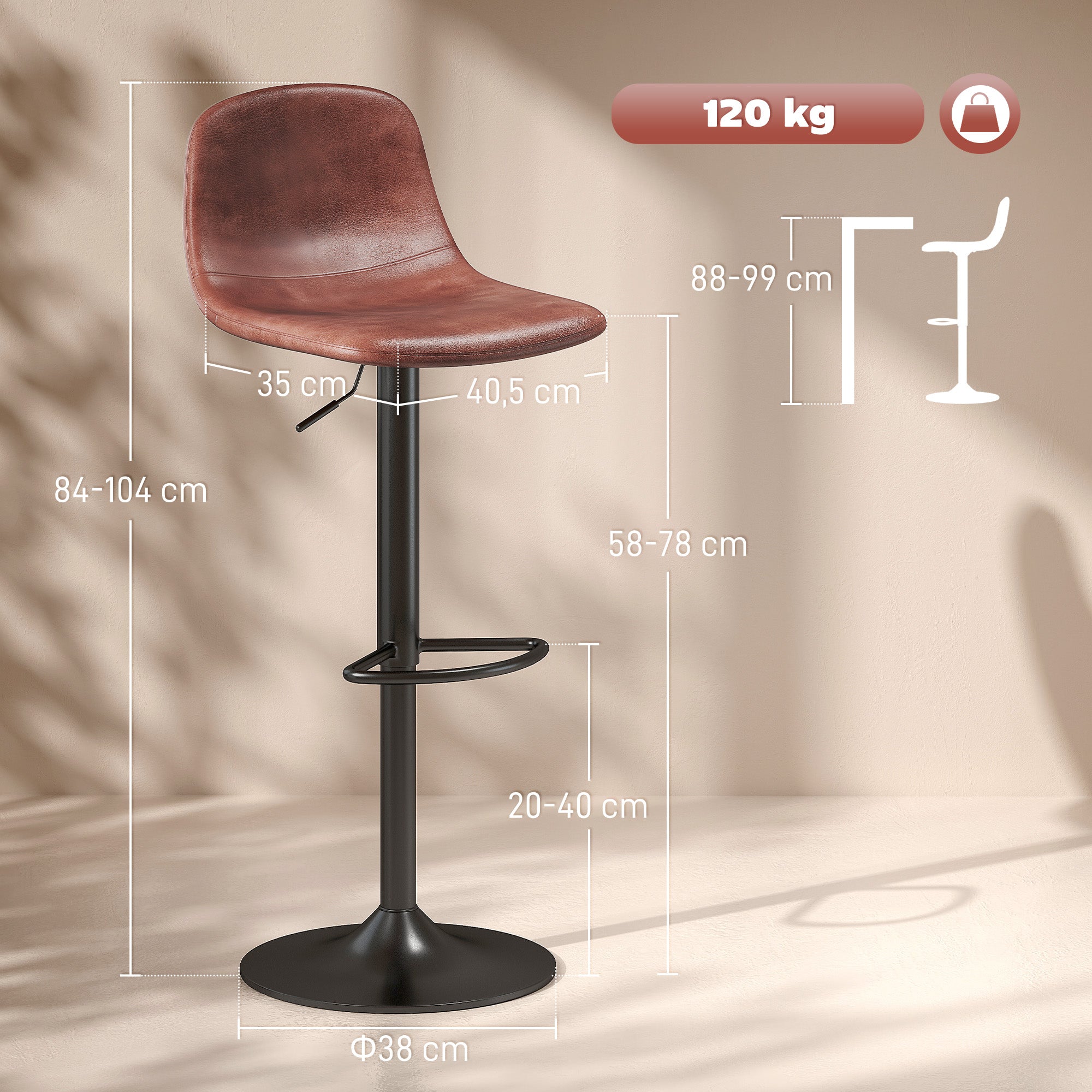 Set of 2 Bar Stools High Kitchen Stools Height Adjustable 84-104 cm with Backrest and Footrest Upholstered in PU 360° Swivel for Dining Counter Brown