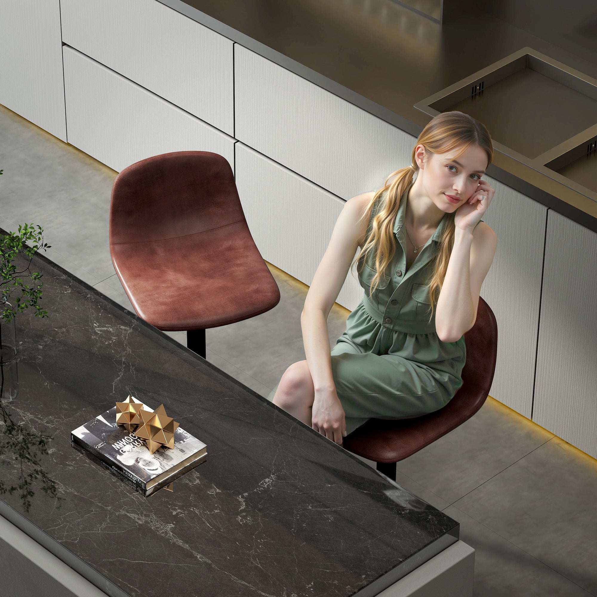 Set of 2 Bar Stools High Kitchen Stools Height Adjustable 84-104 cm with Backrest and Footrest Upholstered in PU 360° Swivel for Dining Counter Brown