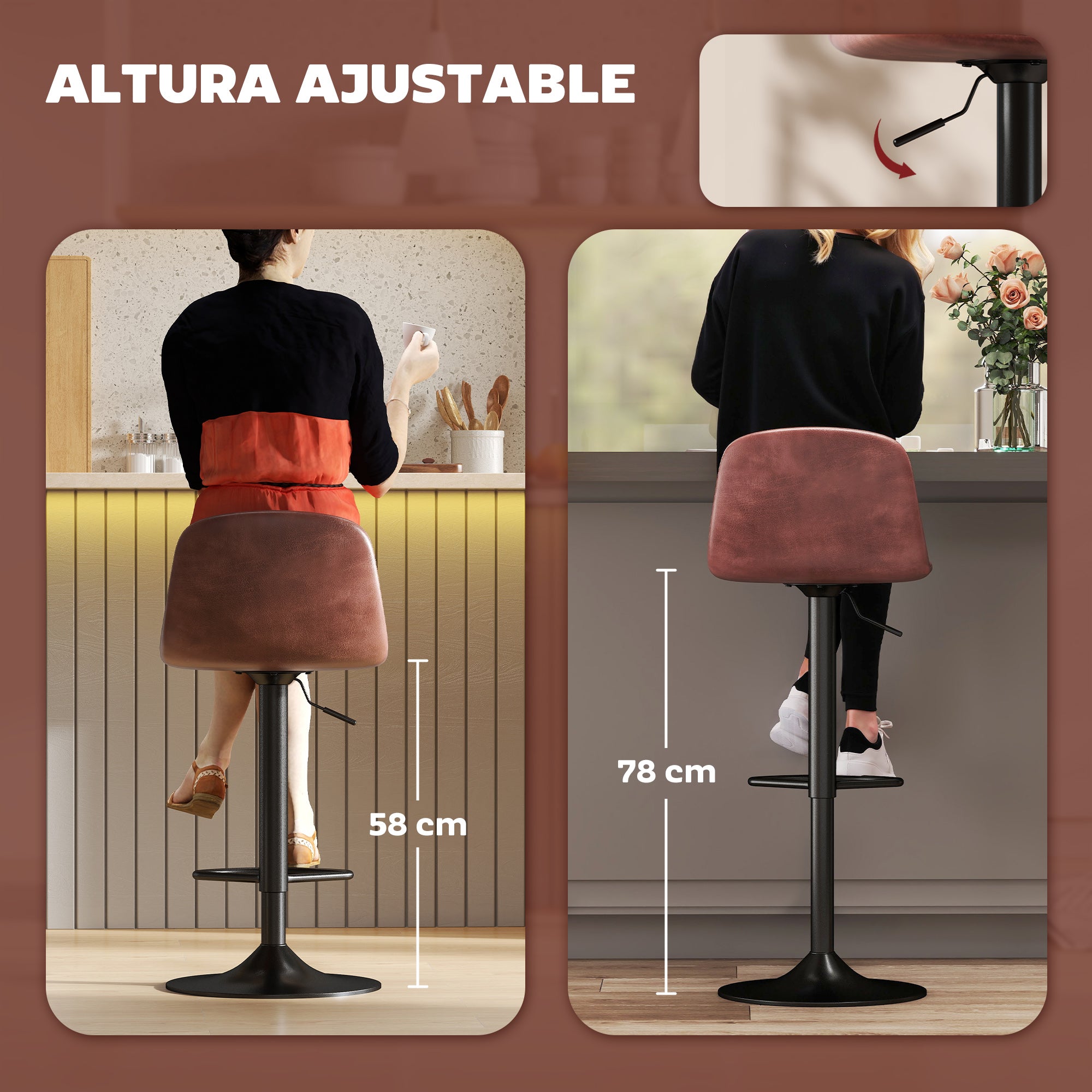 Set of 2 Bar Stools High Kitchen Stools Height Adjustable 84-104 cm with Backrest and Footrest Upholstered in PU 360° Swivel for Dining Counter Brown
