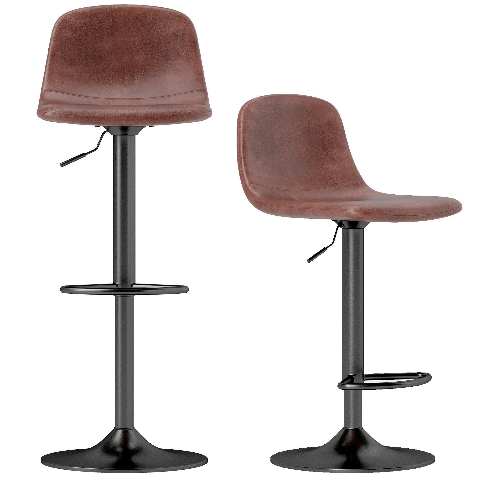 Set of 2 Bar Stools High Kitchen Stools Height Adjustable 84-104 cm with Backrest and Footrest Upholstered in PU 360° Swivel for Dining Counter Brown