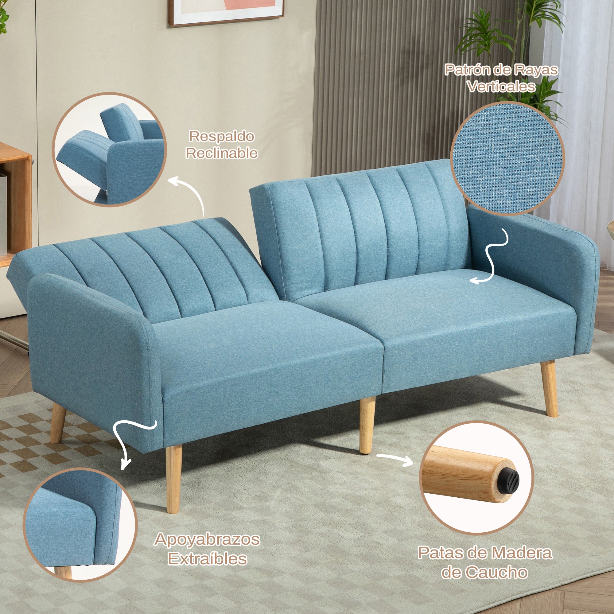 2-Seater Modern Sofa Bed 173x75x73 cm Foldable Sofa Bed Upholstered in Synthetic Linen with 3-Level Adjustable Backrest and Detachable Armrests for Living Room Office Light Blue