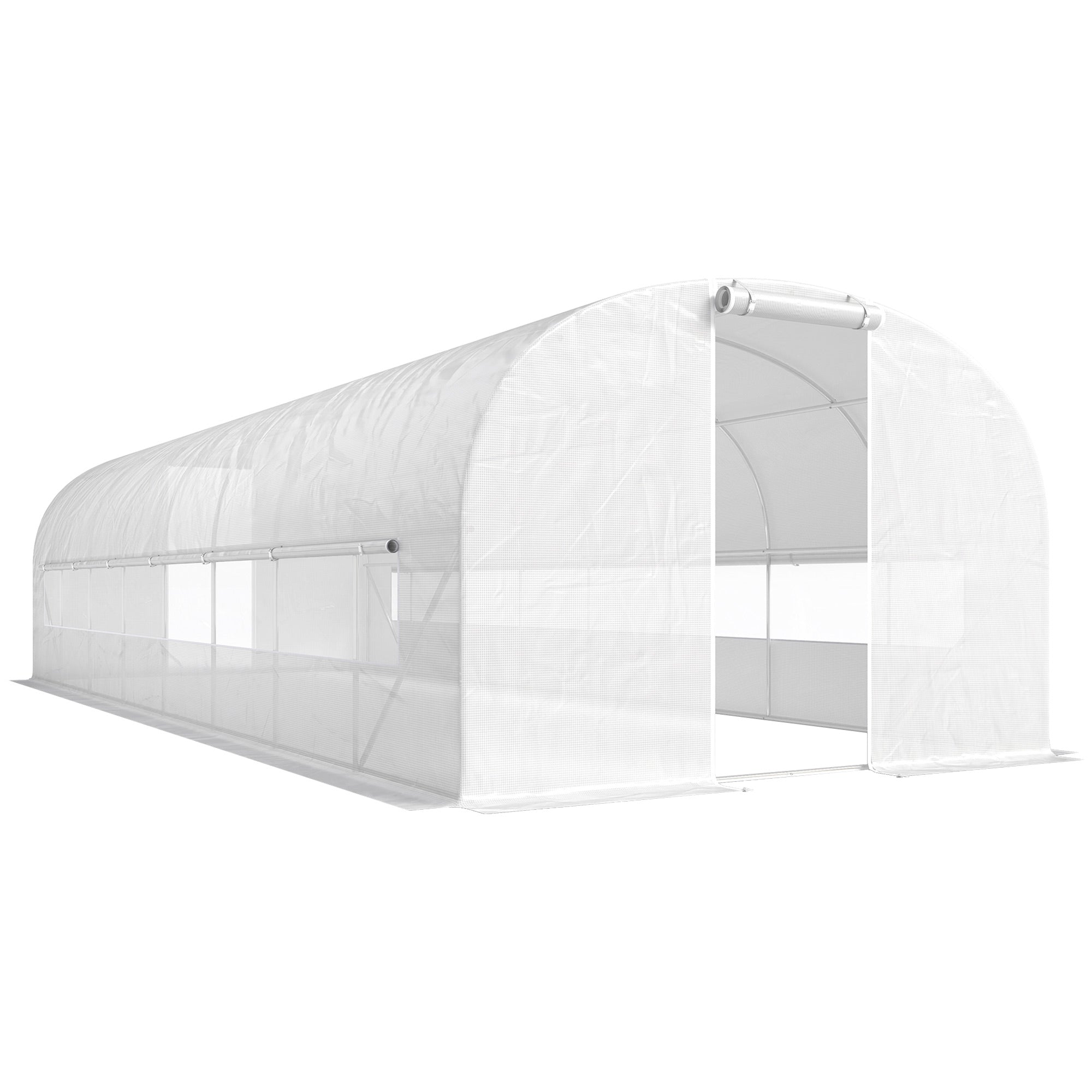 24 m² (258 sq ft) Tunnel Greenhouse — Galvanized Steel Frame, Roll-Up Doors & 2 Large Mesh Windows, 140 gsm PE Cover, White