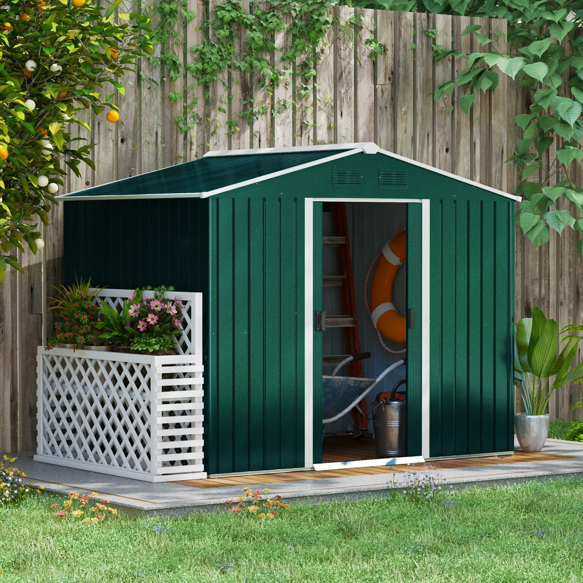 Garden Shed Exterior 3.6 m² 236x174x190 cm Garden Shed with 2 Sliding Doors Sloping Roof and 4 Windows for Patio Terrace Green