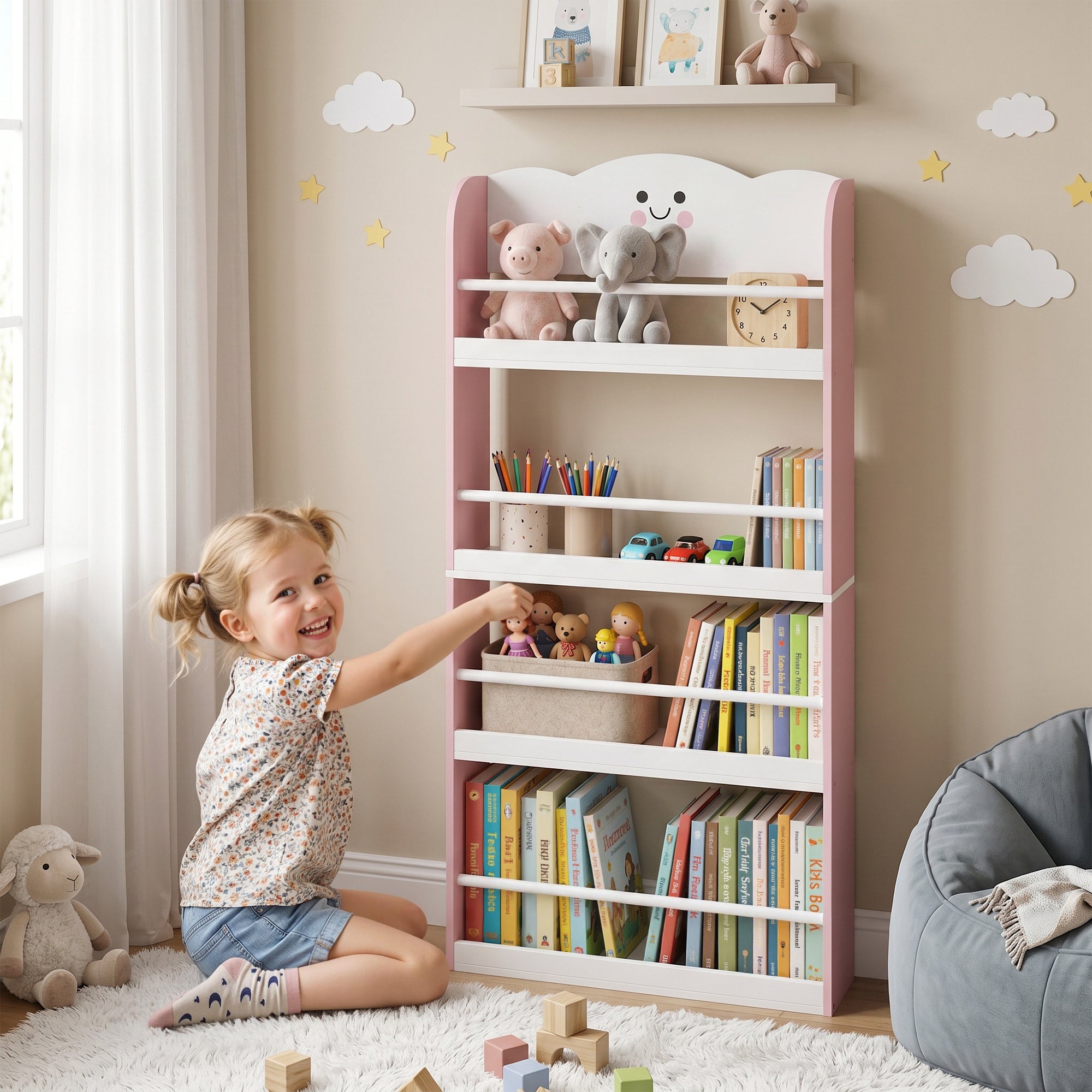 Wall-Mounted Kids Bookshelf, 4-Tier Pink Cotton Candy-Themed Storage Shelf for Playroom & Bedroom