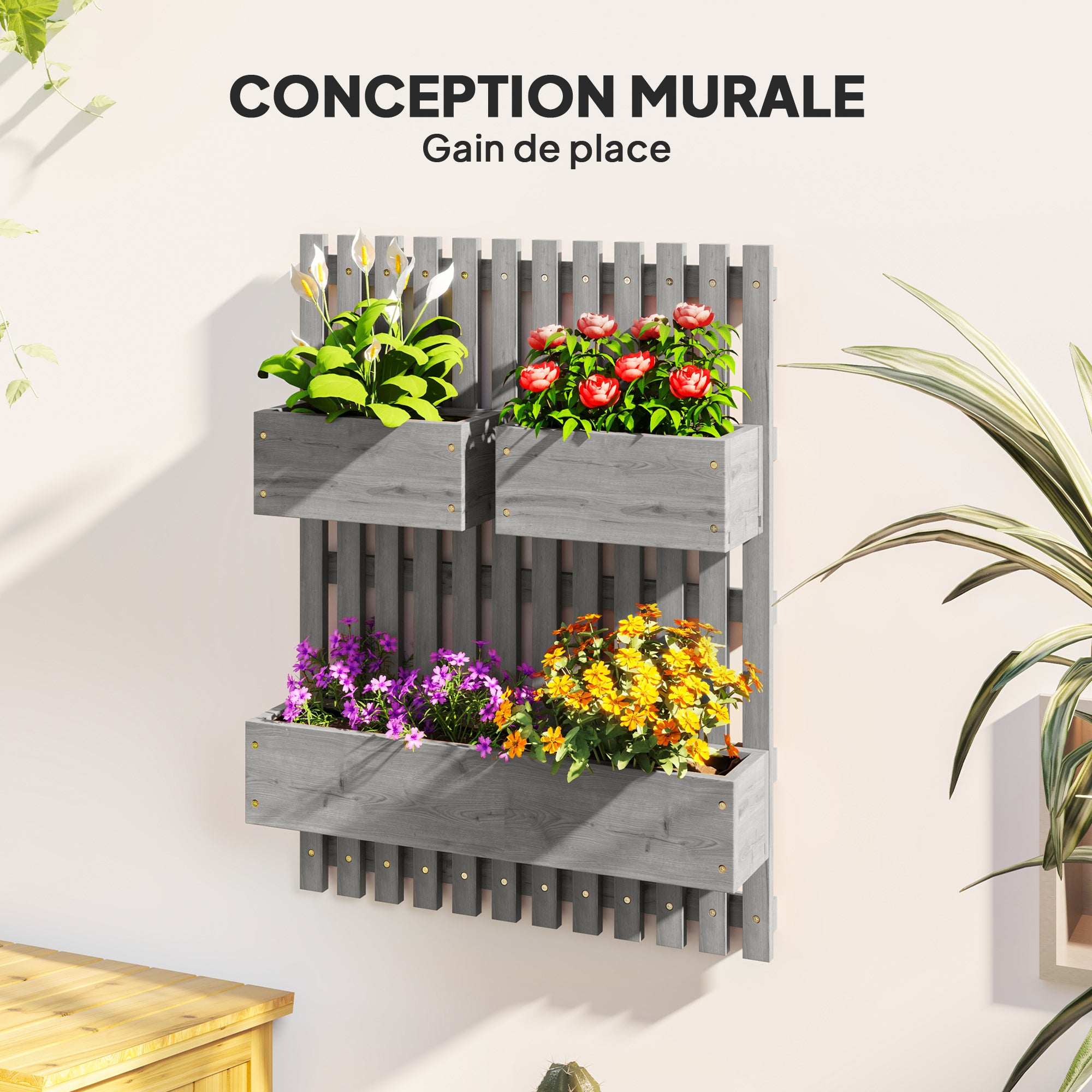 Wall-Mounted Vertical Planter — 3 Removable Fir Wood Boxes with Non-Woven Liners, 60 x 16 x 80 cm (Gray)