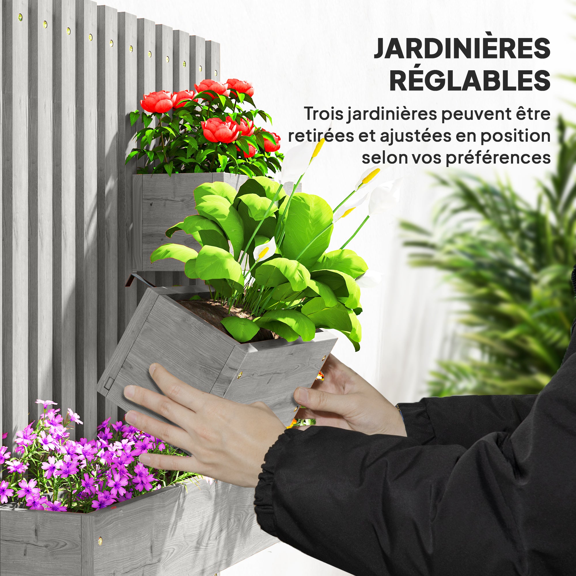 Wall-Mounted Vertical Planter — 3 Removable Fir Wood Boxes with Non-Woven Liners, 60 x 16 x 80 cm (Gray)