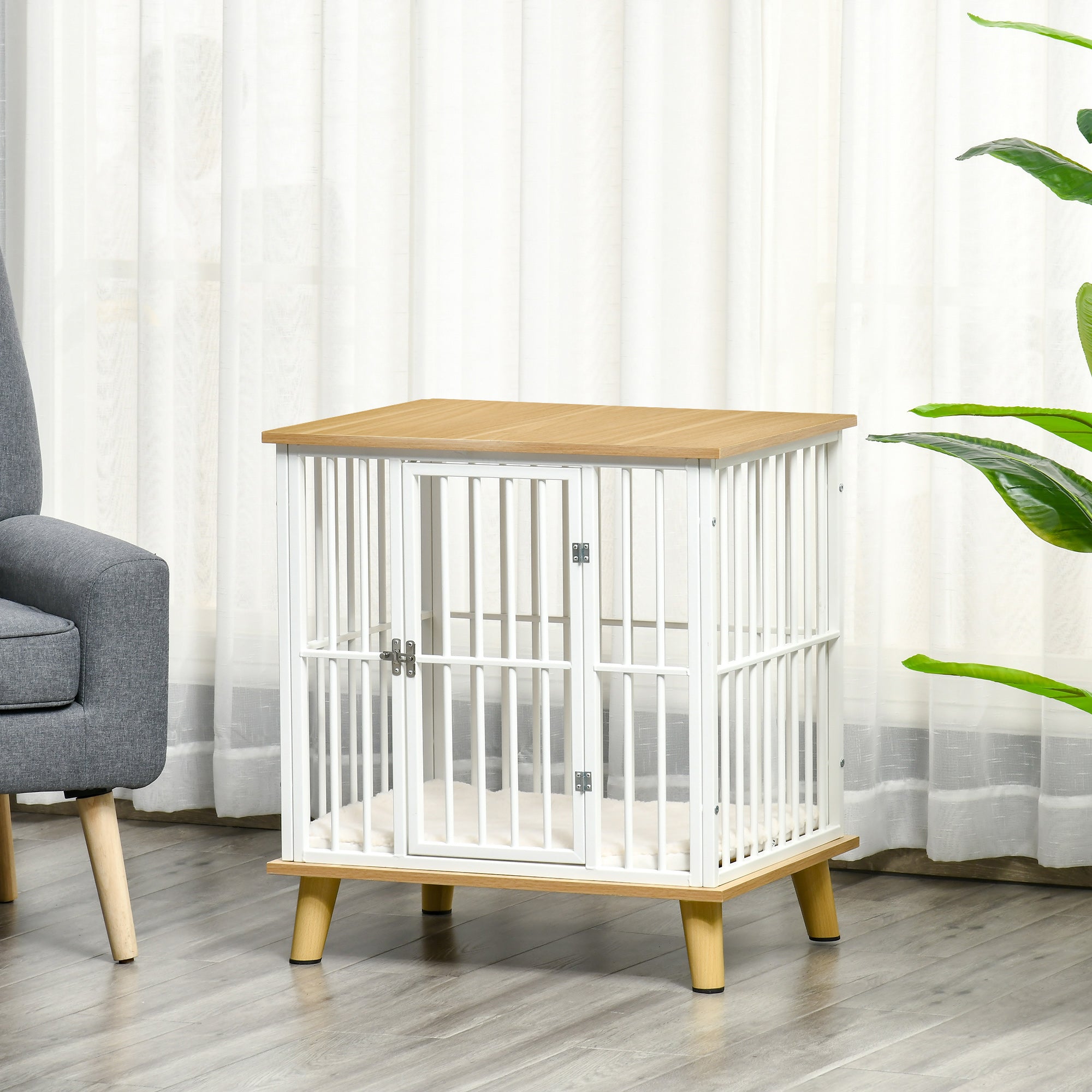 Indoor Wooden and Steel Dog House, Kennel with Removable and Washable Cushion for Small Breeds, Oak