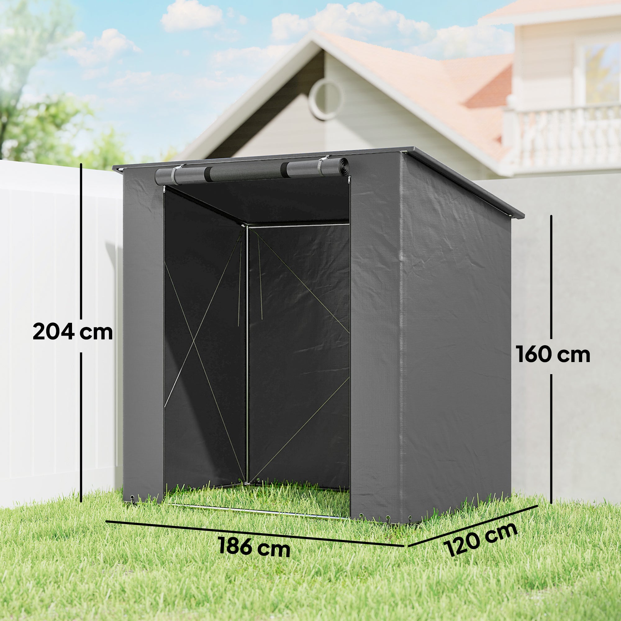 Waterproof Garden Storage Shelter 1.87 x 1.20 m (6.1 x 3.9 ft) – Sloped Roof, Roll-Up Zip Door, Vent, Reinforced Metal Frame, UV Resistant – Dark Gray