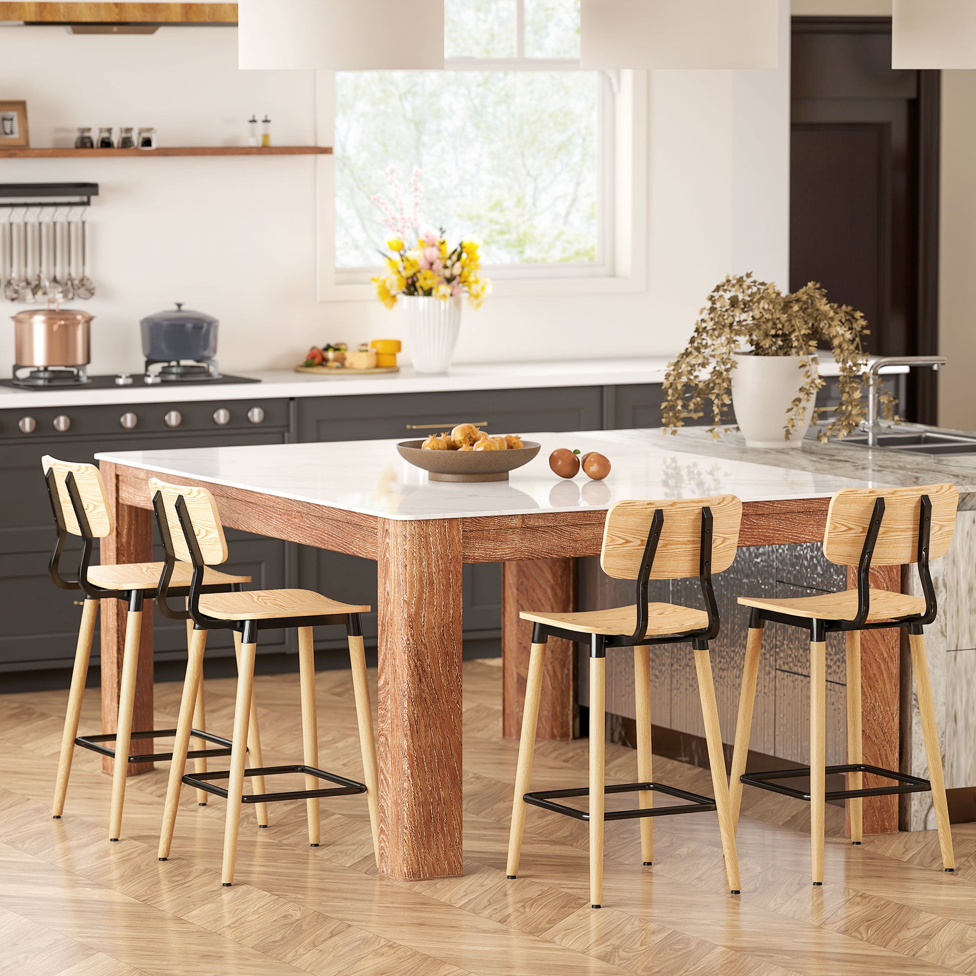 Bar Stool Set of 2 Bar Chair Counter Stool with Backrest and Footrest, Kitchen Chairs with Steel Legs for Kitchen, Living Room, Dining Room Natural