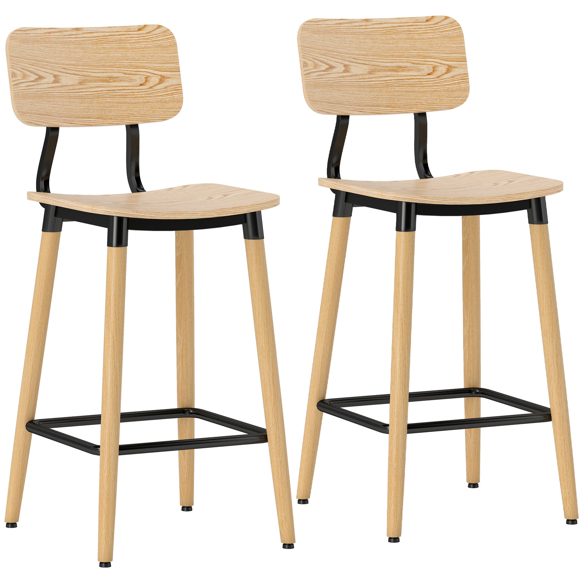 Bar Stool Set of 2 Bar Chair Counter Stool with Backrest and Footrest, Kitchen Chairs with Steel Legs for Kitchen, Living Room, Dining Room Natural
