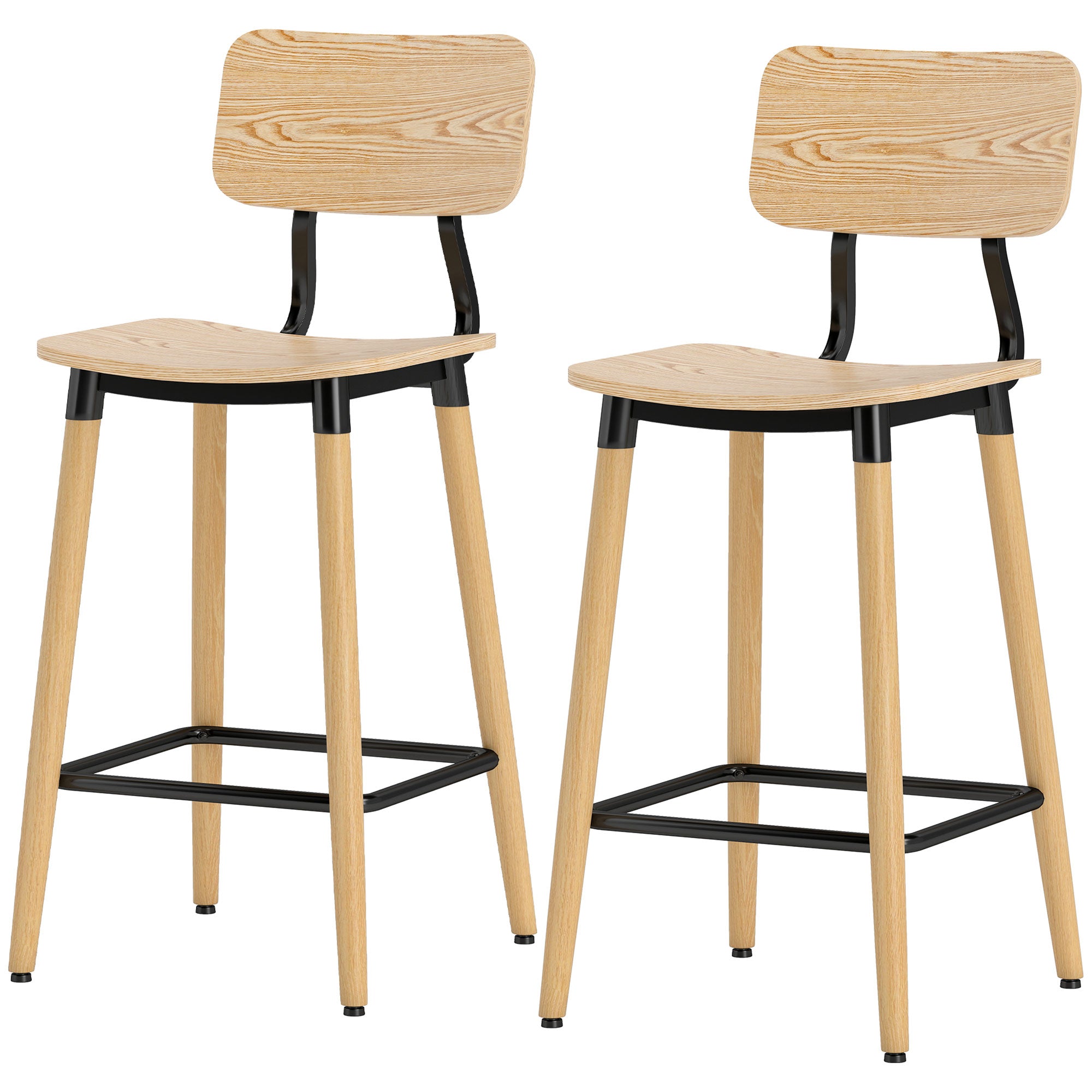 Bar Stool Set of 2 Bar Chair Counter Stool with Backrest and Footrest, Kitchen Chairs with Steel Legs for Kitchen, Living Room, Dining Room Natural