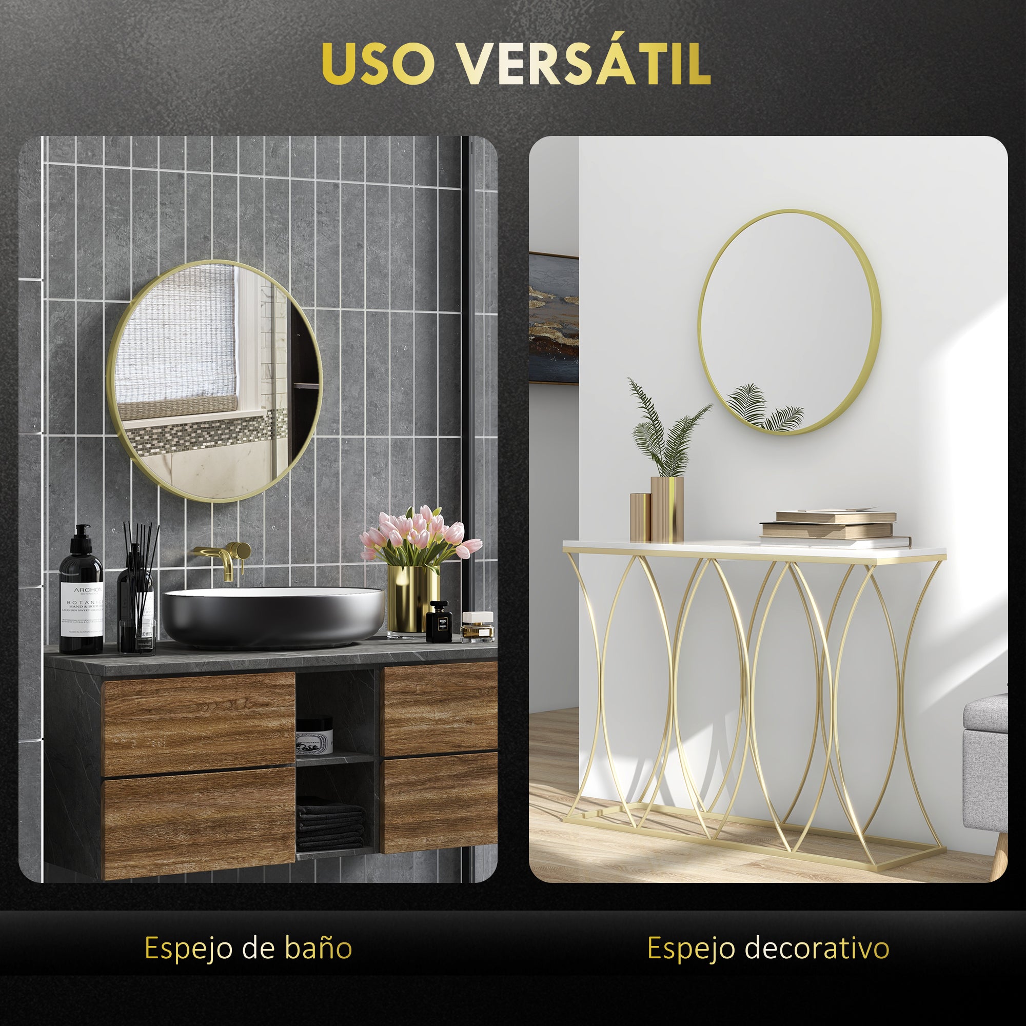 Bathroom Mirror Ø60 cm Wall Mirror Decorative Mirror with Aluminum Frame and Easy Installation Hook for Living Room Entryway Hallway Gold