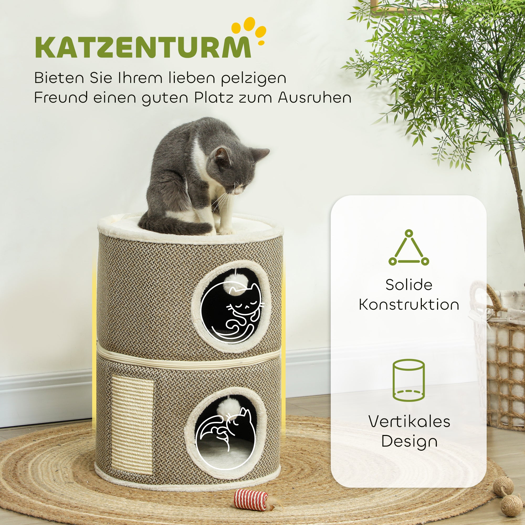 Scratching Post, 56 cm High Cat Tower with Cave, Scratching Tree, Cat Tower made of Sisal, for Cat up to 5 kg, Coffee