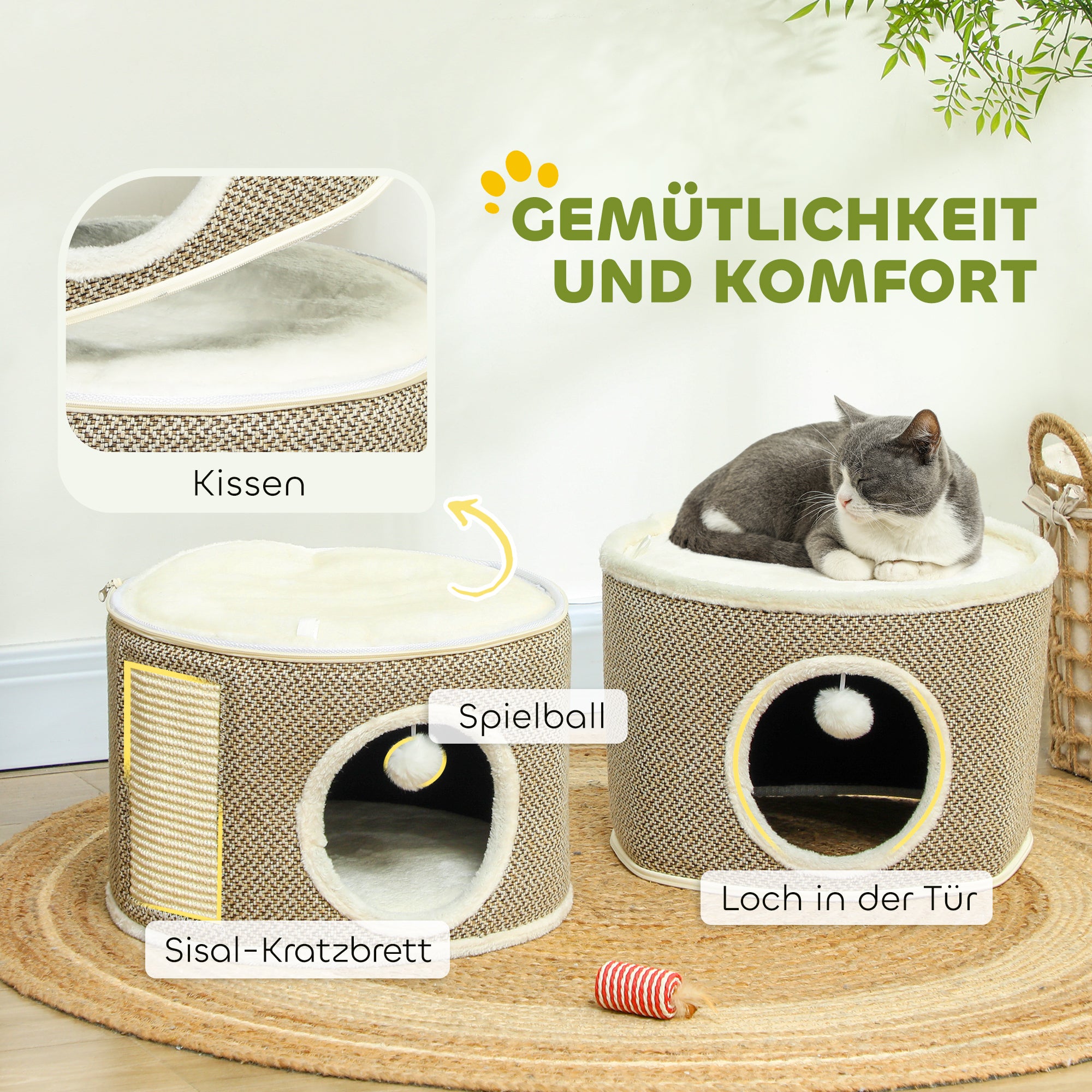 Scratching Post, 56 cm High Cat Tower with Cave, Scratching Tree, Cat Tower made of Sisal, for Cat up to 5 kg, Coffee