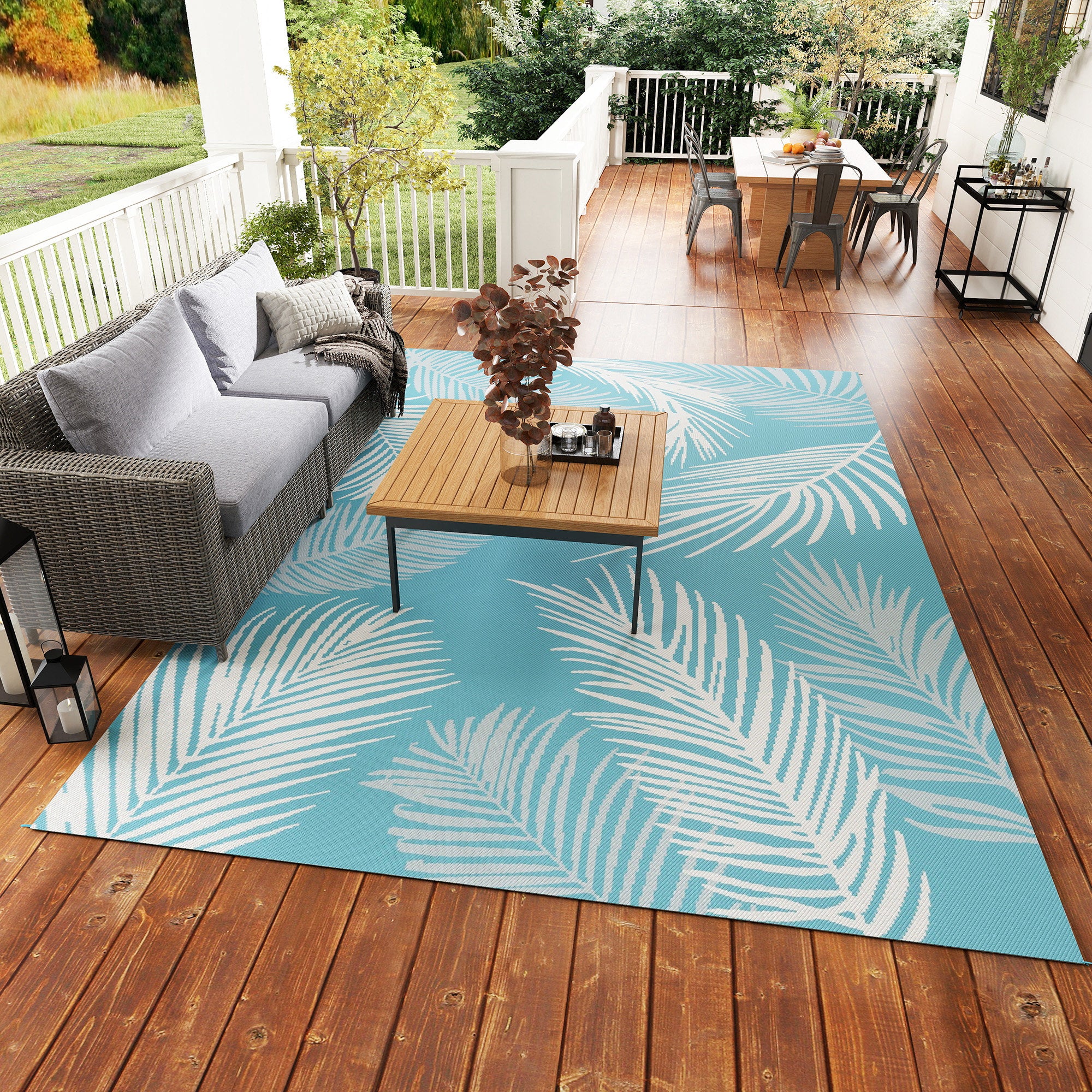 Reversible Durable Weatherproof Outdoor Rug with Carry Bag & Ground Anchors for Balcony, Garden, Patio, Bathroom, Hallway, Kitchen — 9' x 6' (274 x 182 cm), Light Blue & White