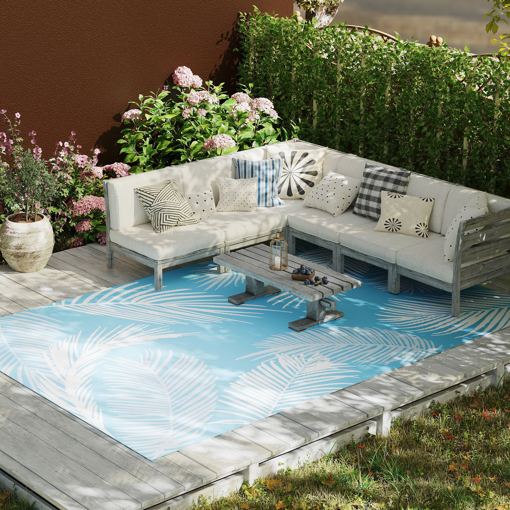 Reversible Durable Weatherproof Outdoor Rug with Carry Bag & Ground Anchors for Balcony, Garden, Patio, Bathroom, Hallway, Kitchen — 9' x 6' (274 x 182 cm), Light Blue & White