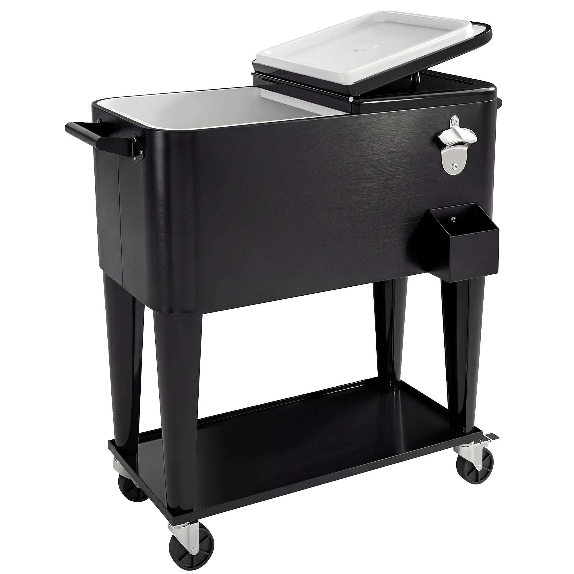 76-Liter Cooler Cart with Shelf, Drain, Wheels, Steel Bottle Opener & Cap Catcher — Black Outdoor Cooler