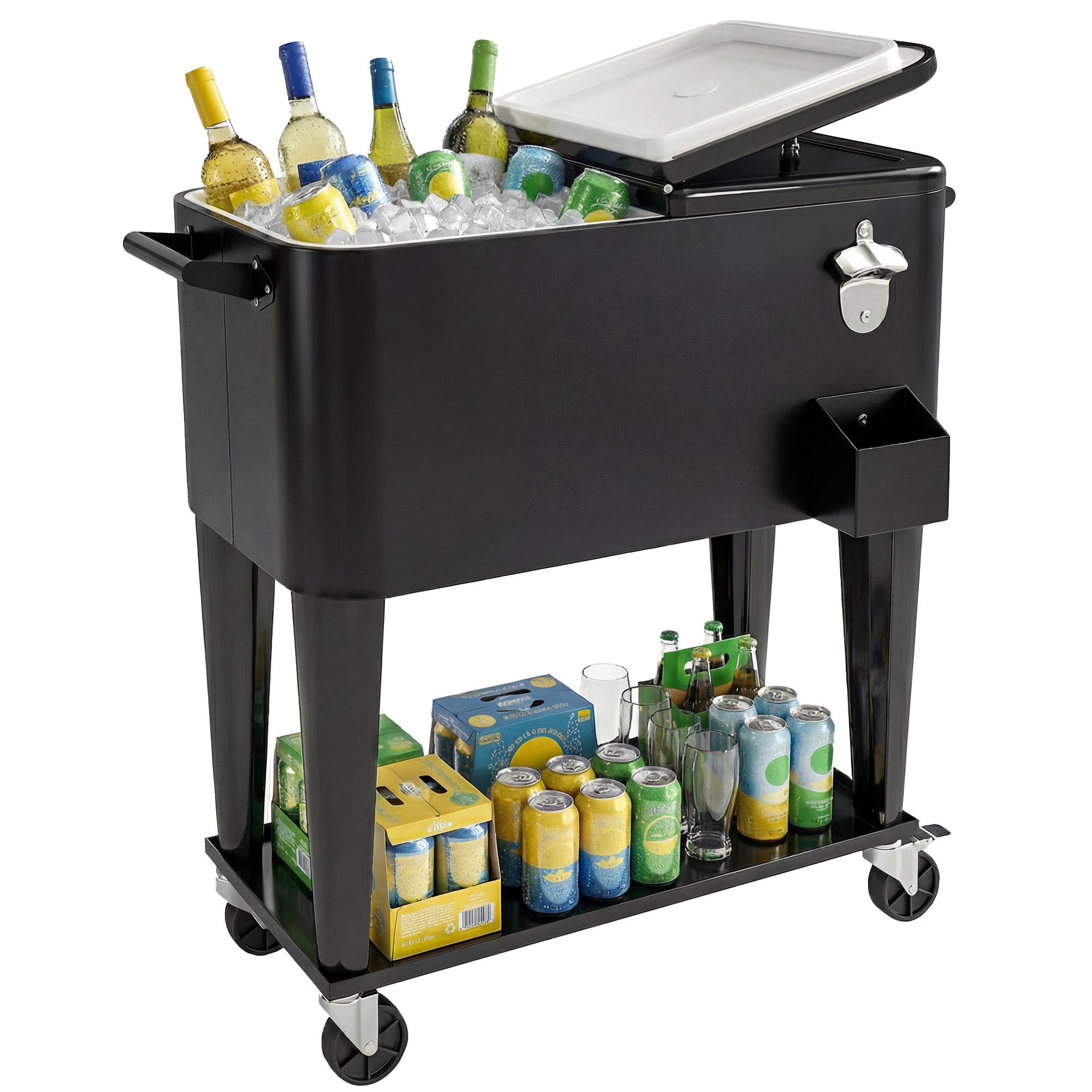 76-Liter Cooler Cart with Shelf, Drain, Wheels, Steel Bottle Opener & Cap Catcher — Black Outdoor Cooler