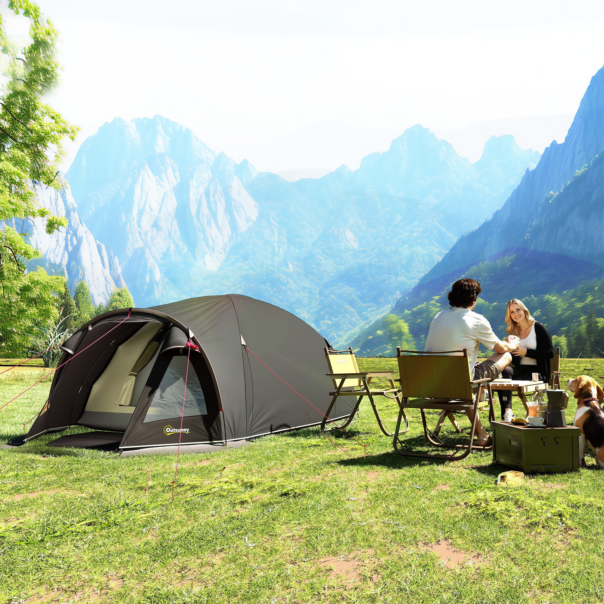 Tunnel Camping Tent for 2-4 People with 2 Rooms, Family Camping Tent for 4 People Waterproof 3000mm with Mesh Door, Side Windows, and Carrying Bag, 330x190x120 cm, Black