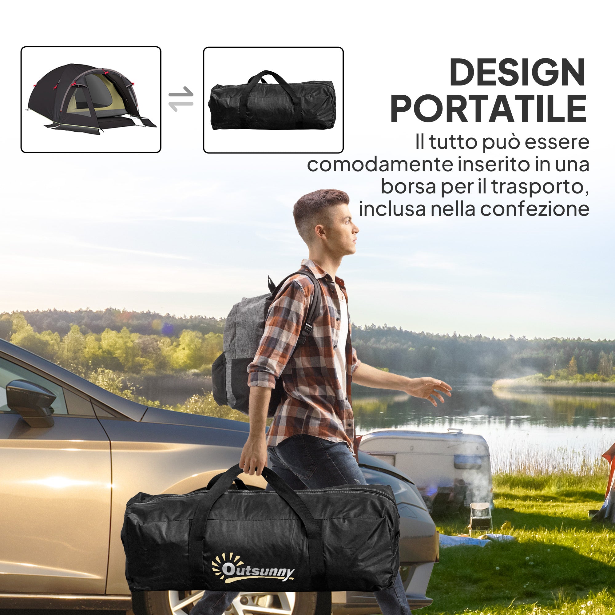 Tunnel Camping Tent for 2-4 People with 2 Rooms, Family Camping Tent for 4 People Waterproof 3000mm with Mesh Door, Side Windows, and Carrying Bag, 330x190x120 cm, Black