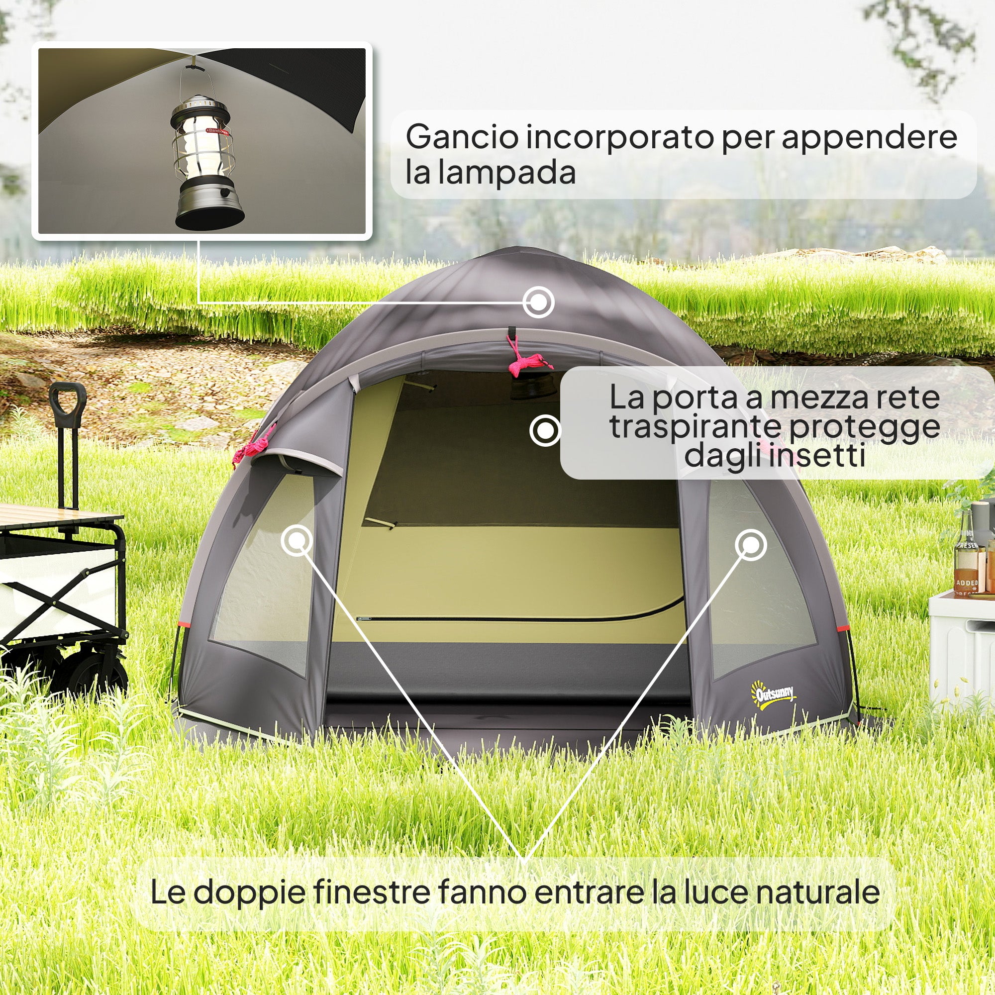 Tunnel Camping Tent for 2-4 People with 2 Rooms, Family Camping Tent for 4 People Waterproof 3000mm with Mesh Door, Side Windows, and Carrying Bag, 330x190x120 cm, Black