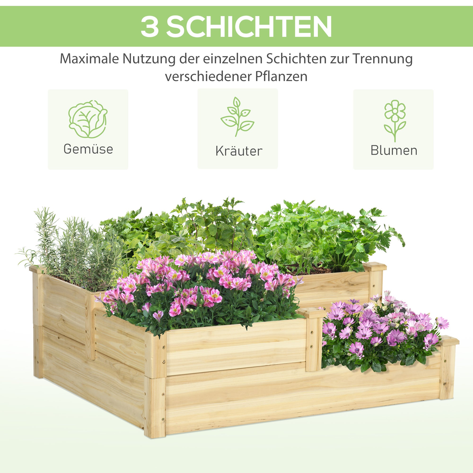 Raised Garden Bed, 3-Tier Planter Bed, Flower Box, Herb Bed, Plant Stand, Flower Stand for Balcony, Garden, Fir Wood, Natural, 108 x 88 x 36 cm
