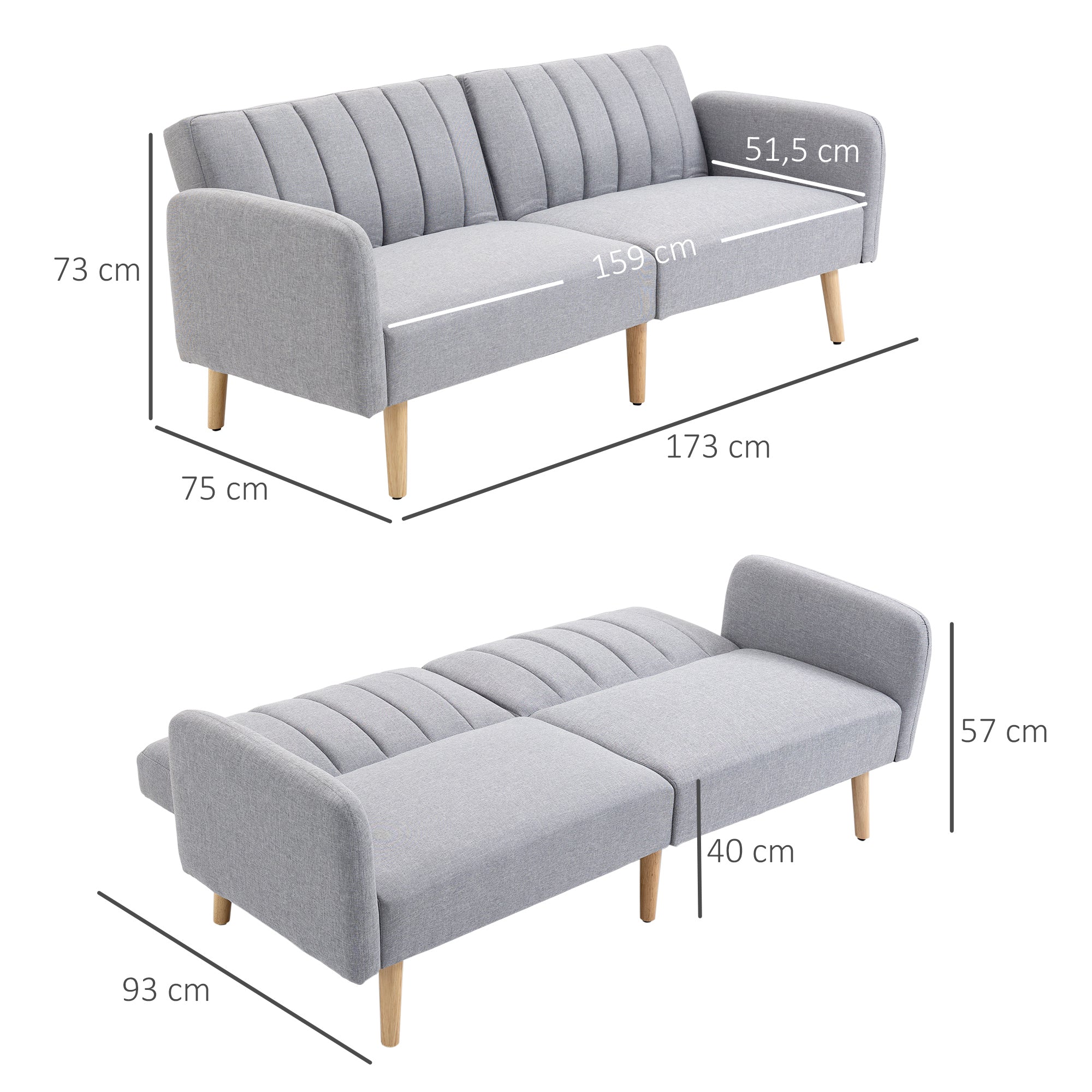 Sleeper Sofa, 2-Seater Sofa Bed with Adjustable Backrest, Thickly Padded Couch, Armrest, Sofa Bed with Wooden Legs for Living Room, Guest Room, 173 x 75 x 73 cm, Light Gray