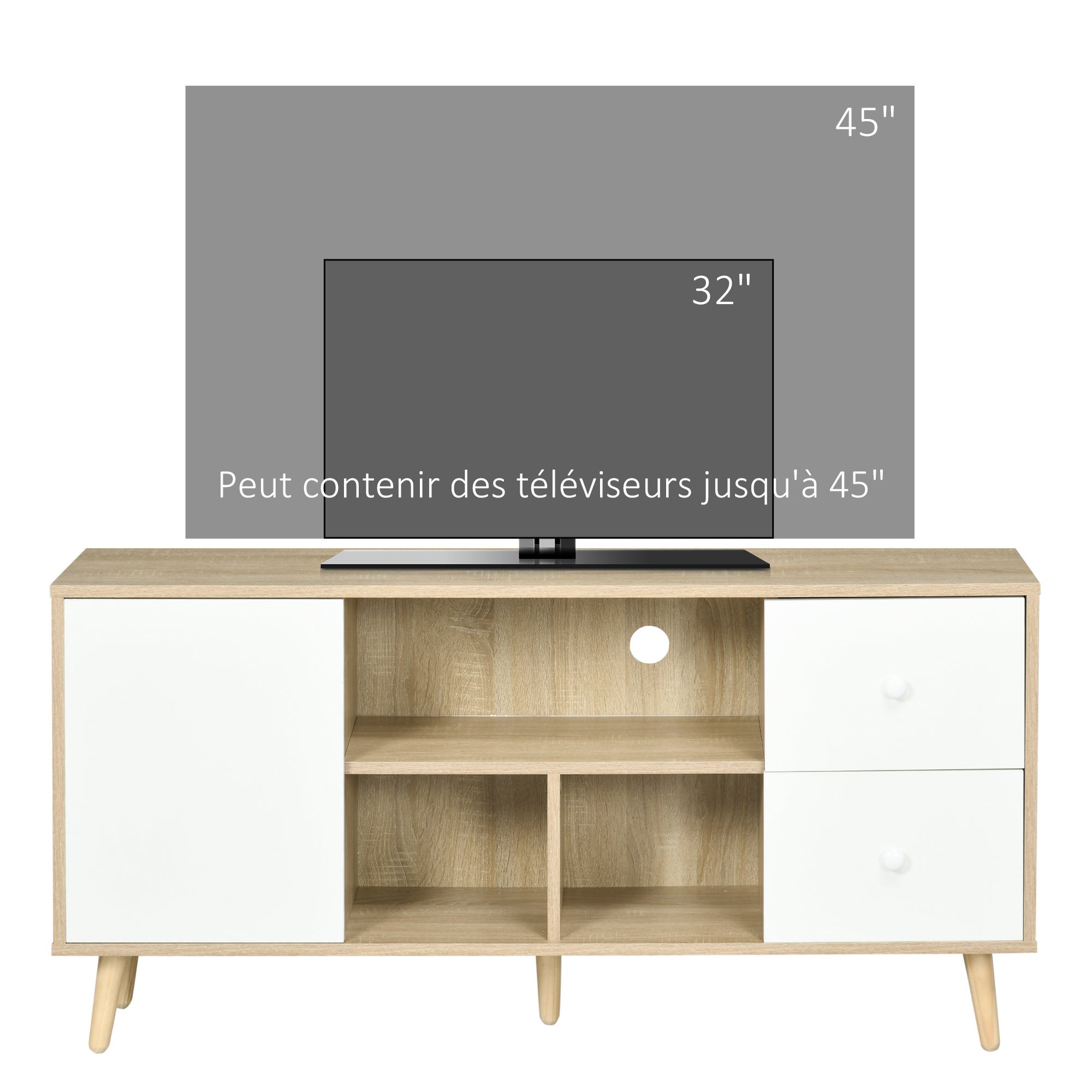 TV Stand TV Bench for TVs up to 45 Inches with Solid Wood Legs Scandinavian Style 3 Shelves 1 Cupboard with Door and 2 Drawers 120 x 30 x 60 cm