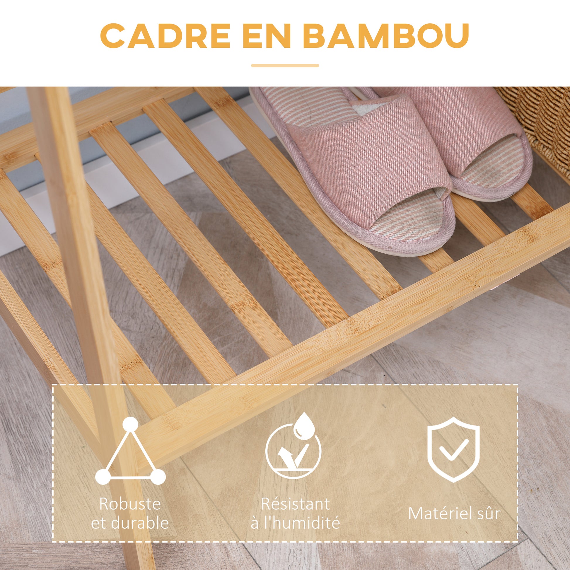 Clothes Rack with 2 Shelves, 2 Hooks, and 1 Hanging Bar in Bamboo - 82 x 36.8 x 140 cm