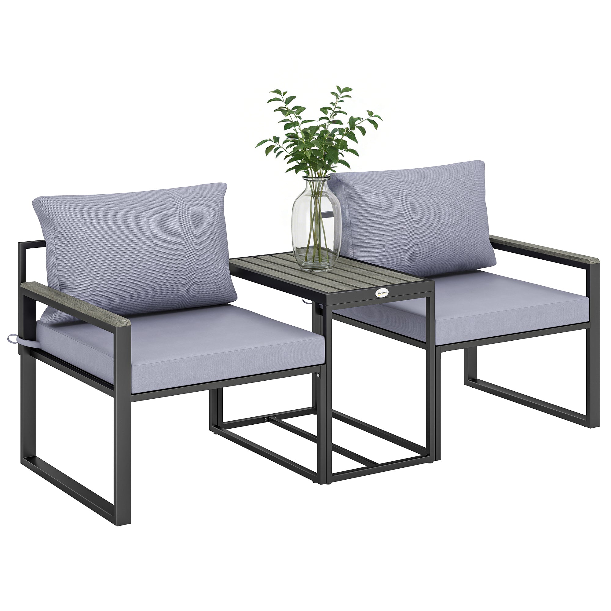3-Piece Balcony Bistro Set – 2 Armchairs & Table with Removable Breathable Seat and Back Cushions, Steel Patio Furniture, Gray