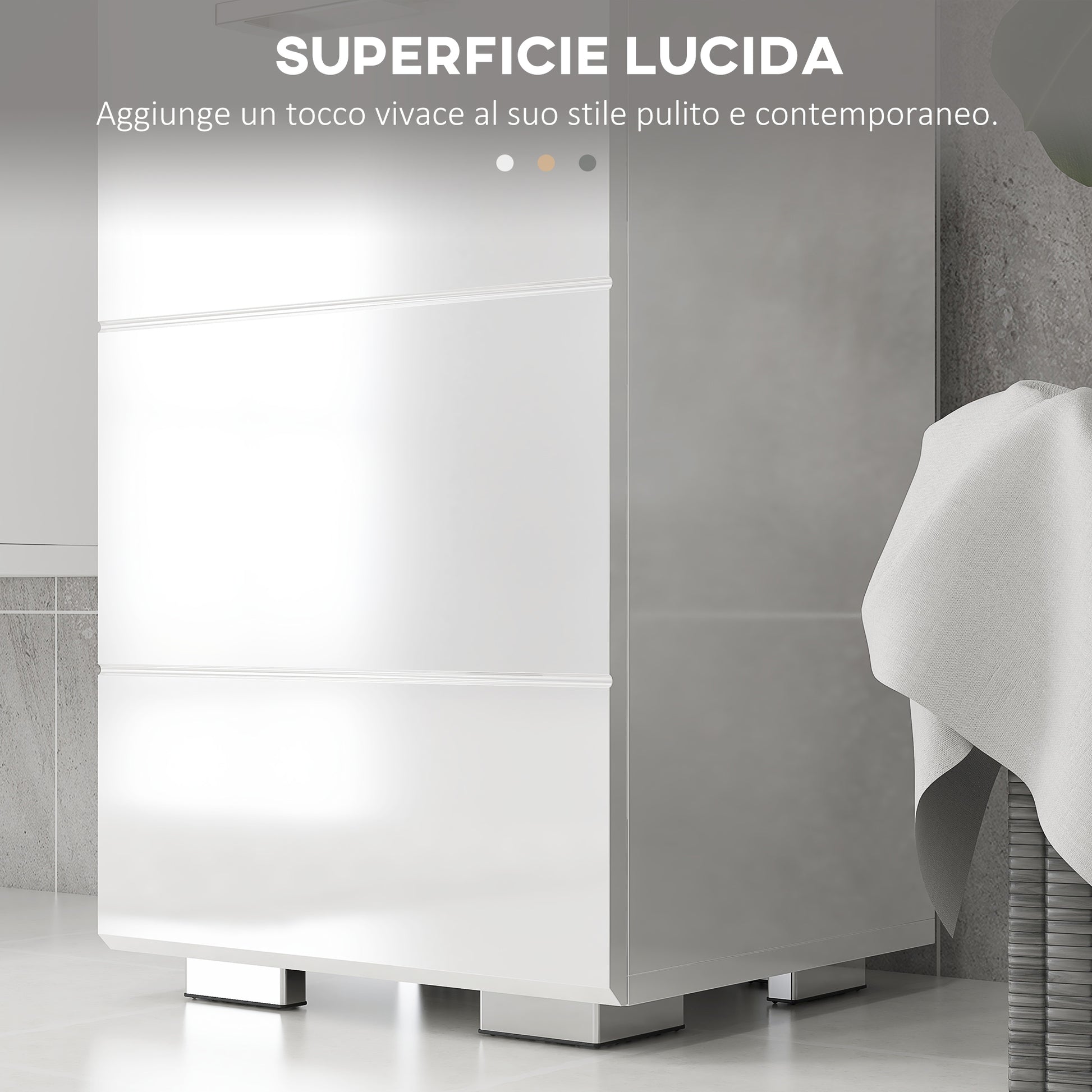 Space Saving Bathroom Column in MDF, Bathroom Cabinet with Open Shelf, Drawer, and Closed Cabinet, 37x32.5x170 cm, Glossy White