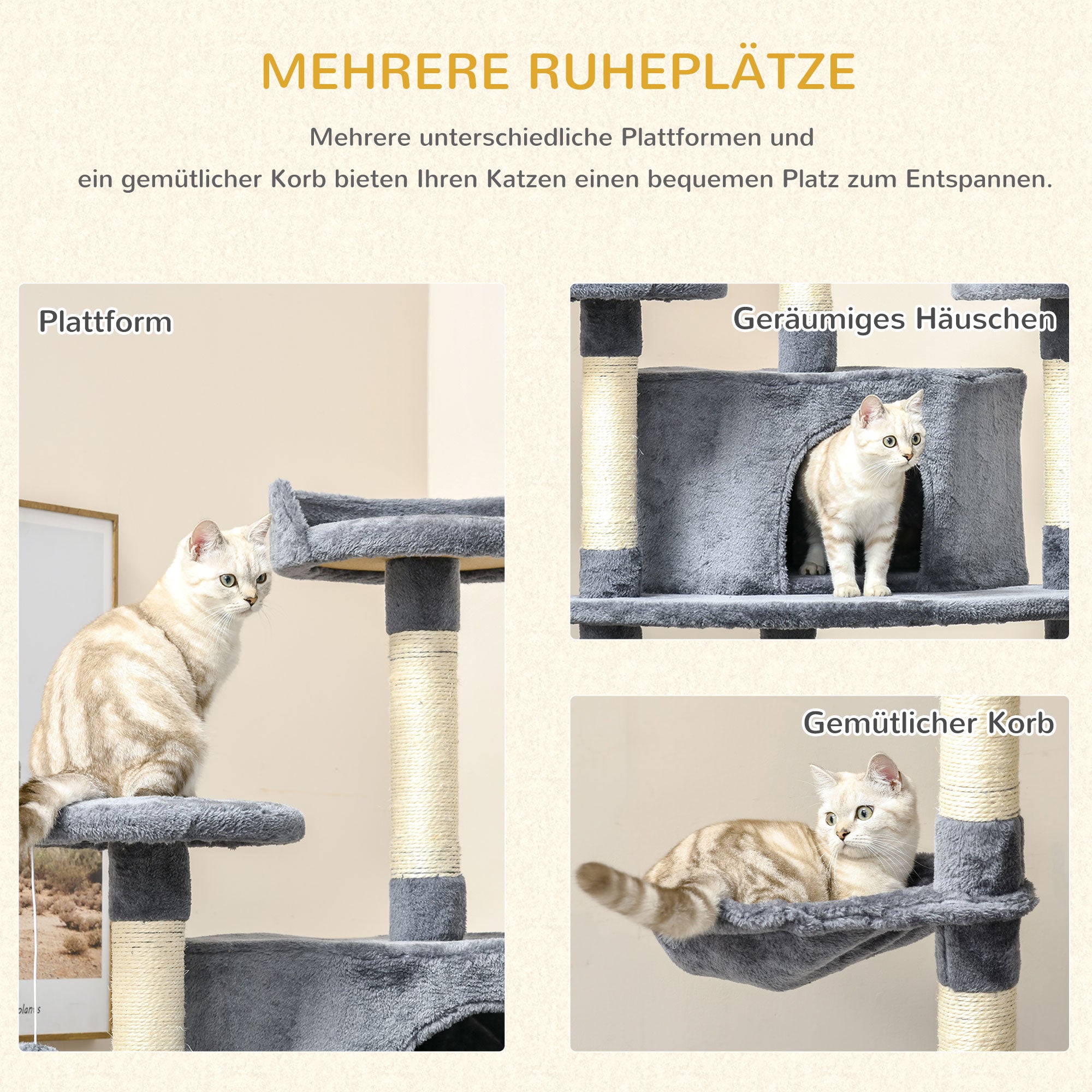 Cat Tree 200 cm Cat Tower with Cave, 2 Play Balls, Sisal Posts, Platform, Hammock, Multi-Level Cat Scratching Tree, Climbing Tree, for Large Cats, Light Gray