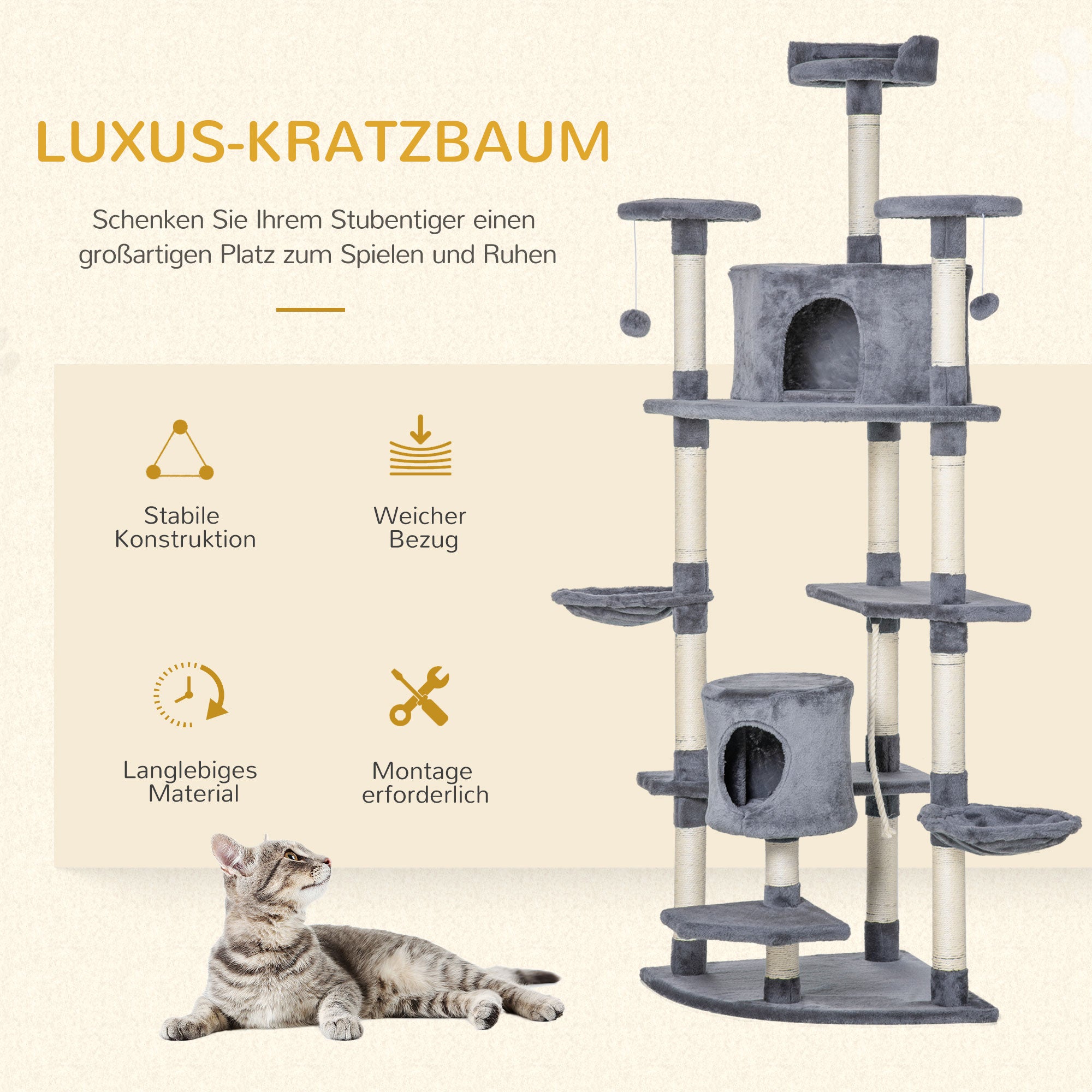 Cat Tree 200 cm Cat Tower with Cave, 2 Play Balls, Sisal Posts, Platform, Hammock, Multi-Level Cat Scratching Tree, Climbing Tree, for Large Cats, Light Gray
