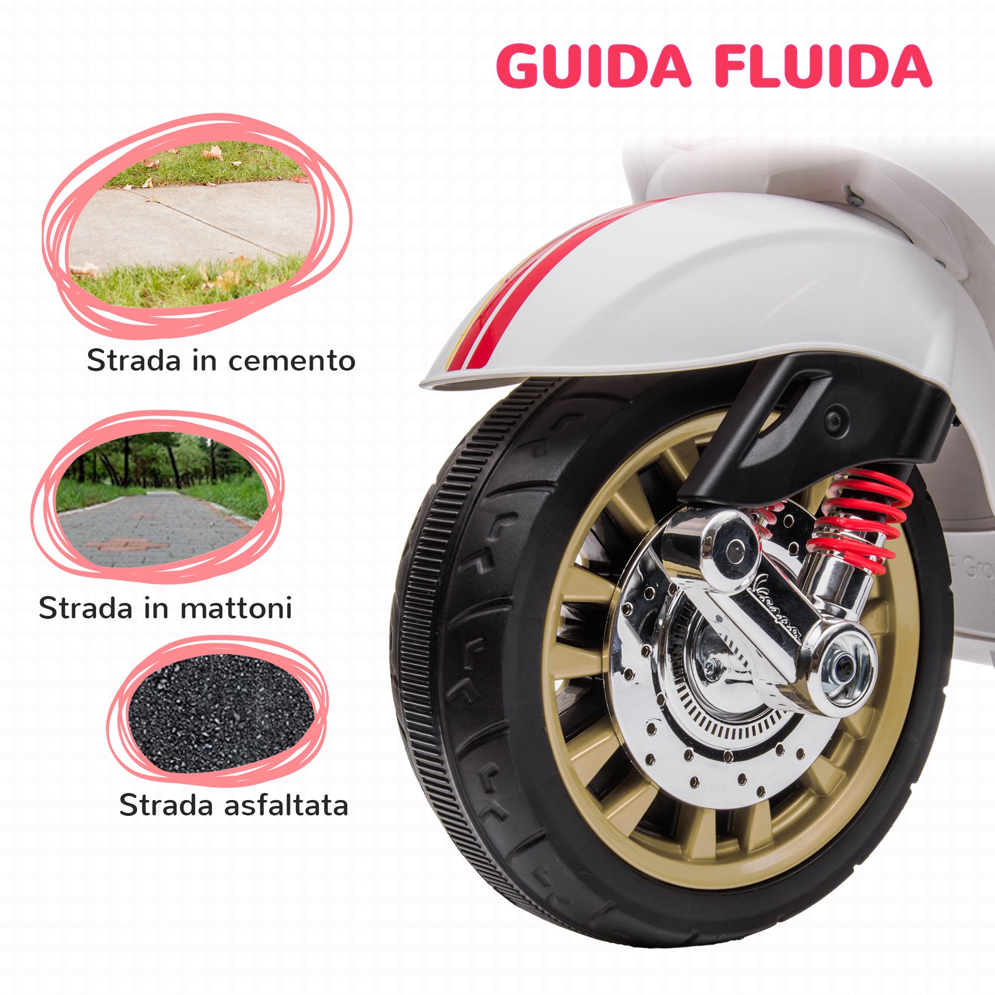 12V Electric Motorbike for Kids 3-6 Years with Vespa License, Training Wheels, Headlight, and Music, Toy Motorcycle in PP and Metal, 107x47x73 cm, White