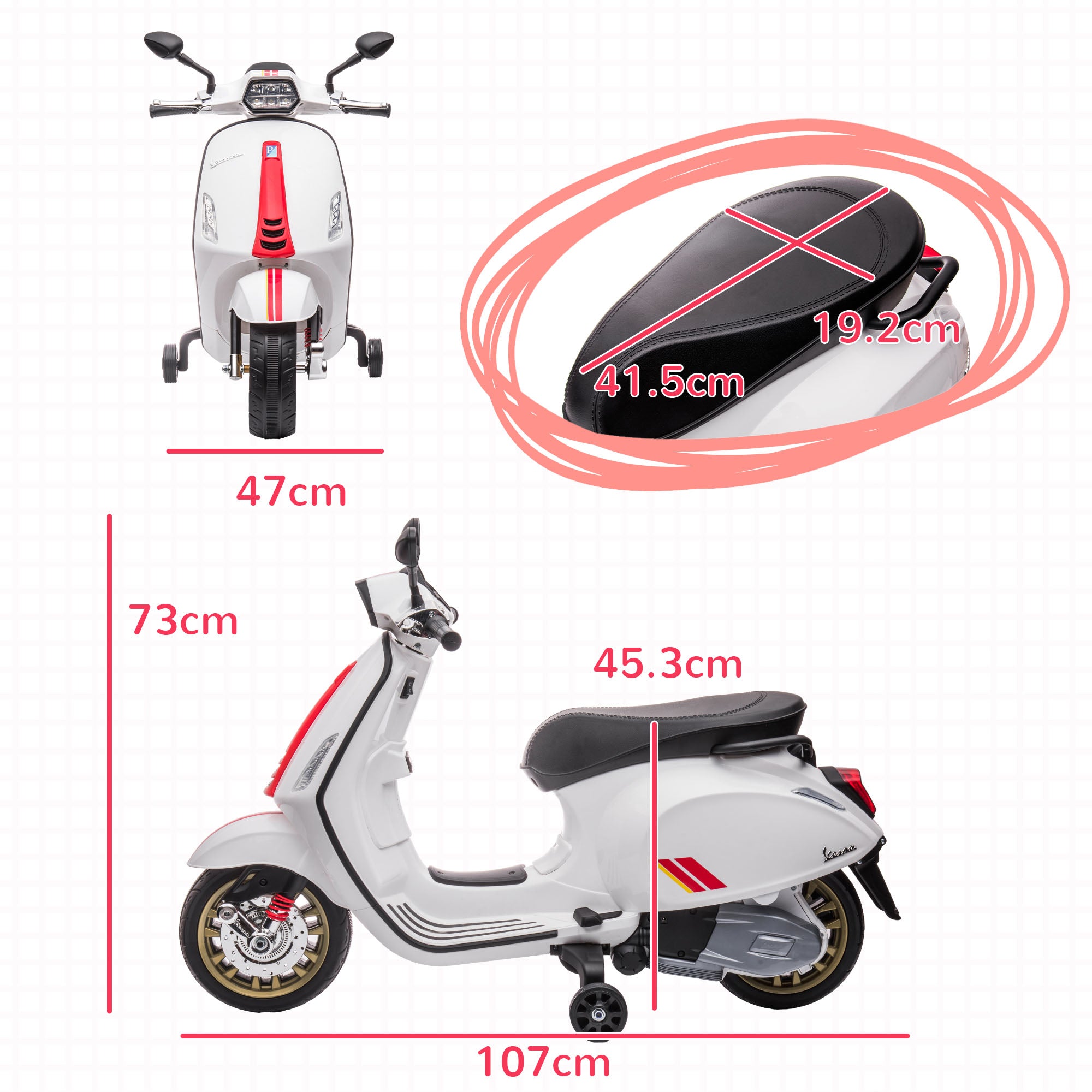 12V Electric Motorbike for Kids 3-6 Years with Vespa License, Training Wheels, Headlight, and Music, Toy Motorcycle in PP and Metal, 107x47x73 cm, White