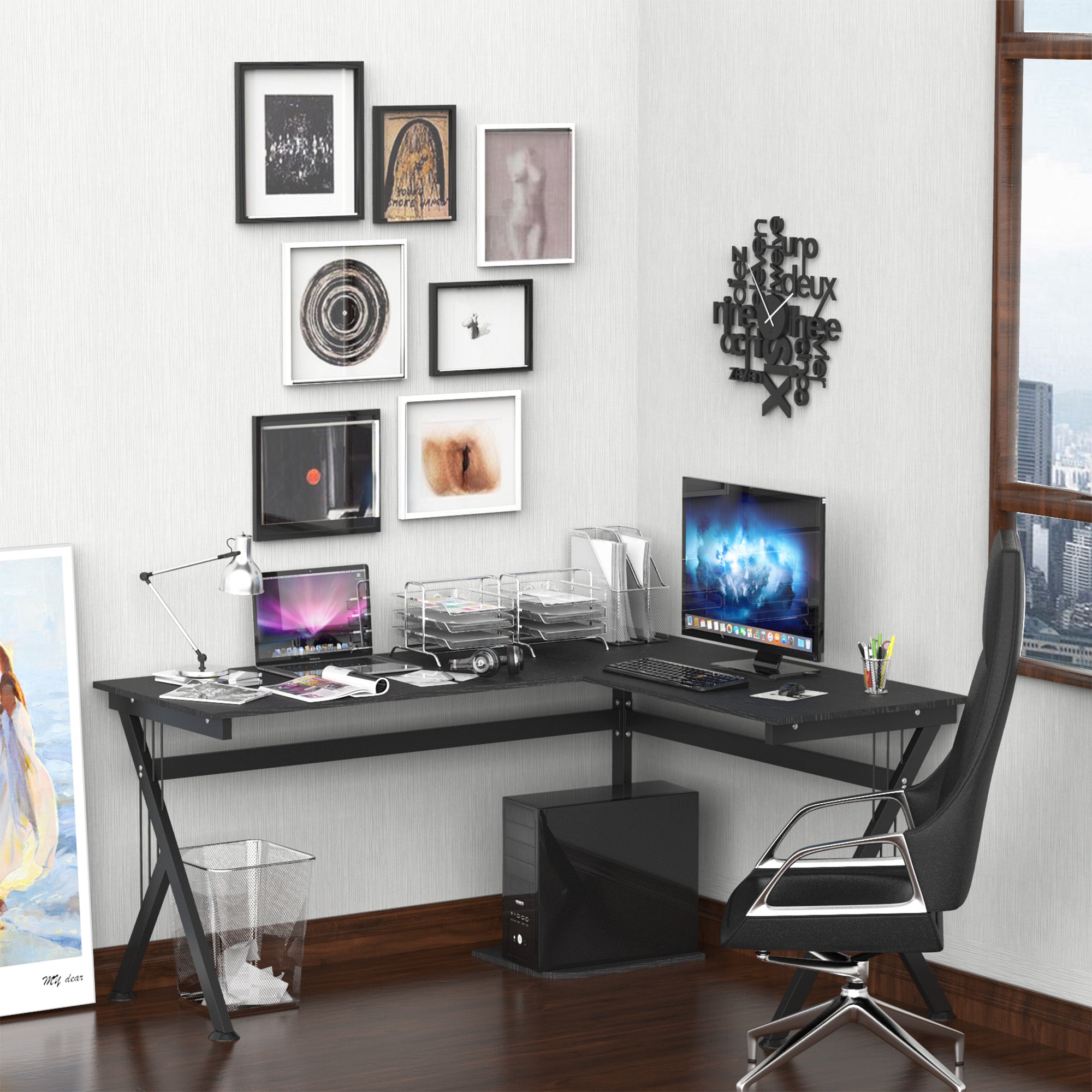 Wooden Computer Table L-Shaped Corner Desk for Office Bedroom Home School