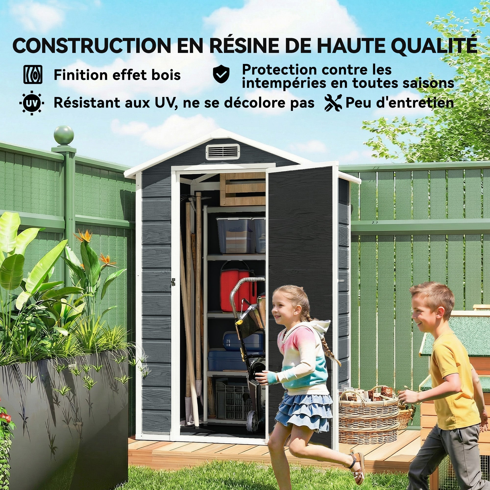Wood-Effect Resin Garden Shed with Floor & Window, 128 x 104 x 196 cm (50.4 x 40.9 x 77.2 in) — Weathered Gray
