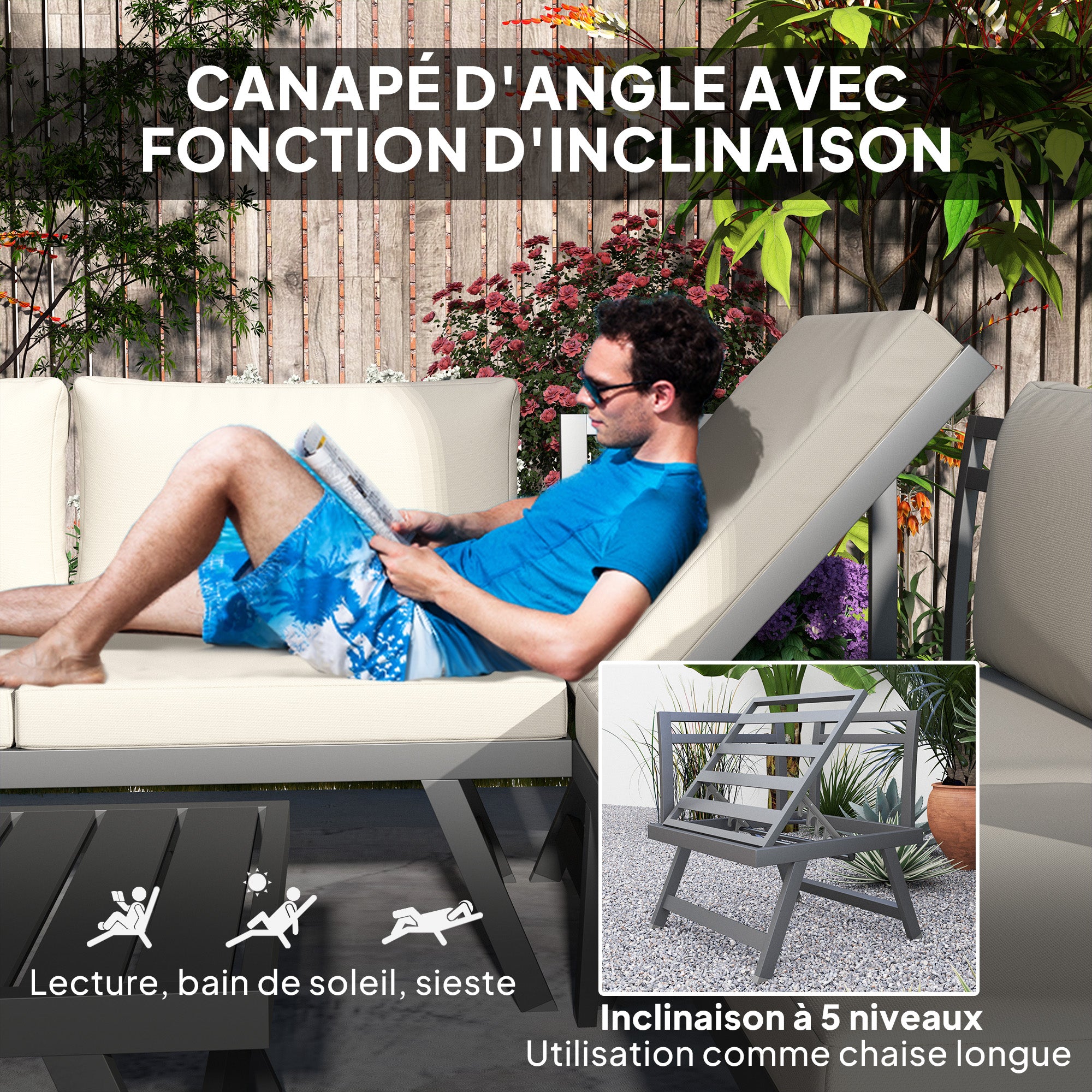 Outdoor Corner and Convertible 4-Piece Garden Lounge Set with 2 Two-Seaters, 1 Corner Armchair, and 1 Coffee Table, Aluminum and Steel Outdoor Furniture for Balcony Terrace, Beige