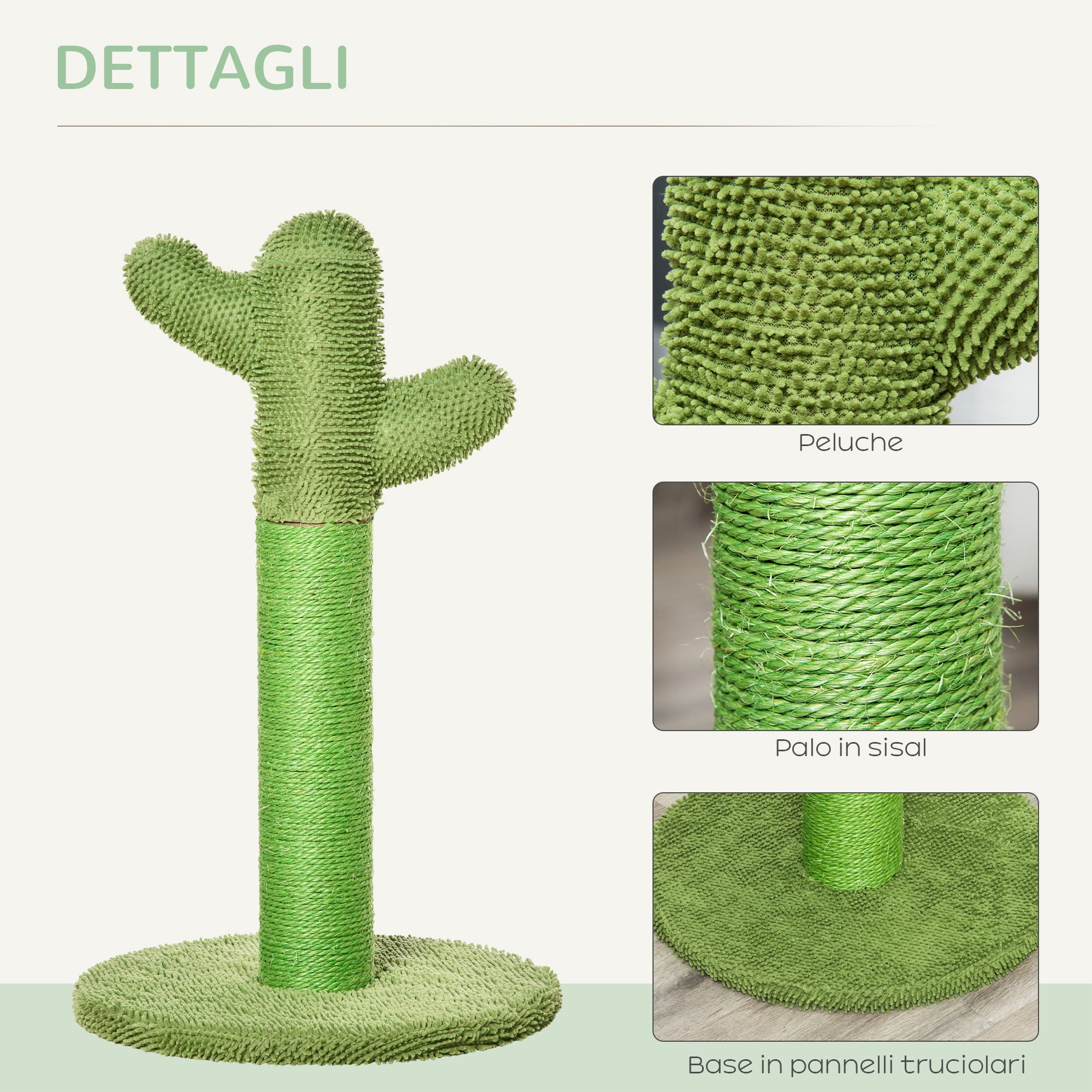 Adult and Kitten Cat Scratching Tree in Cactus Shape, Sisal Rope and Pine Wood Base, 40x40x65 cm, Green