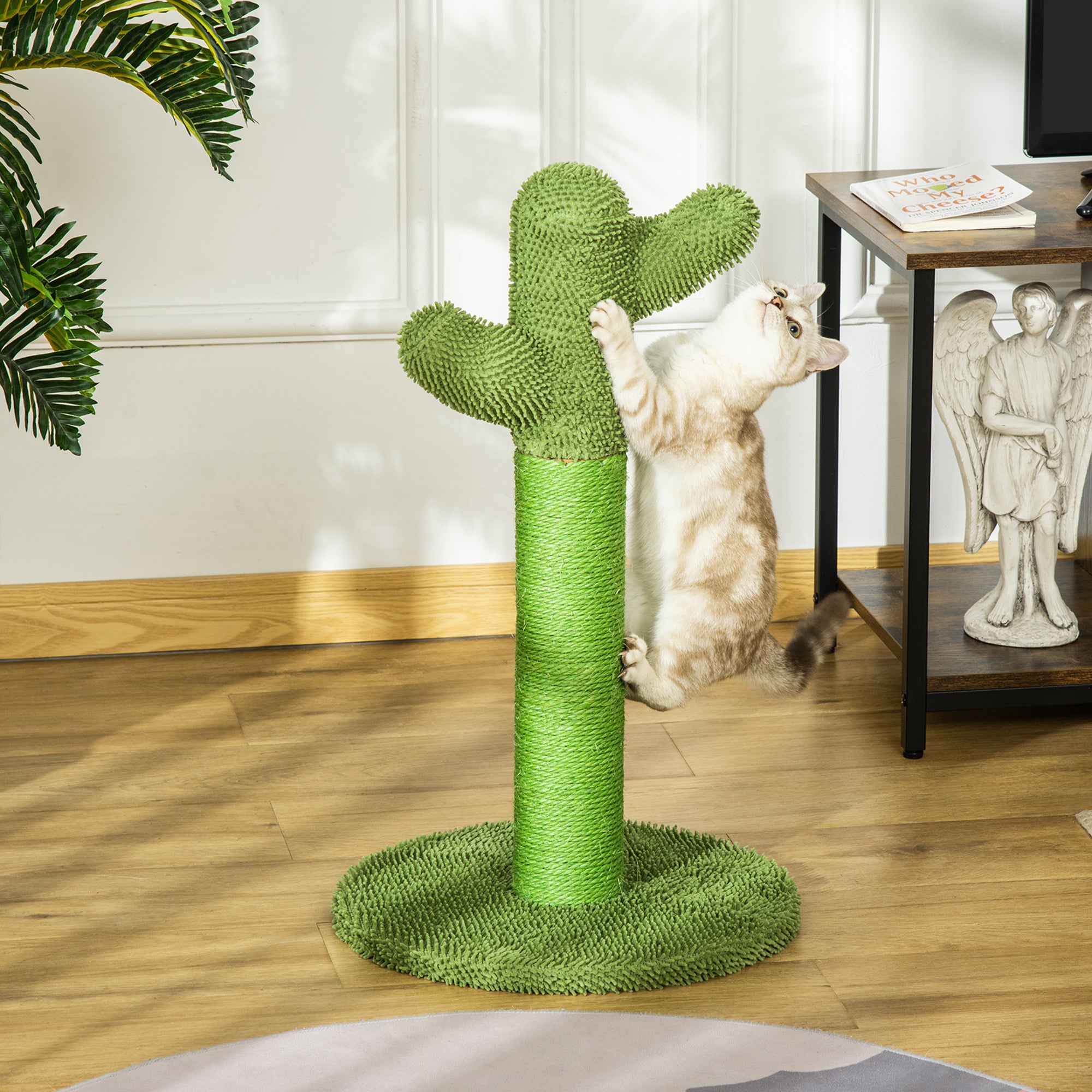 Adult and Kitten Cat Scratching Tree in Cactus Shape, Sisal Rope and Pine Wood Base, 40x40x65 cm, Green