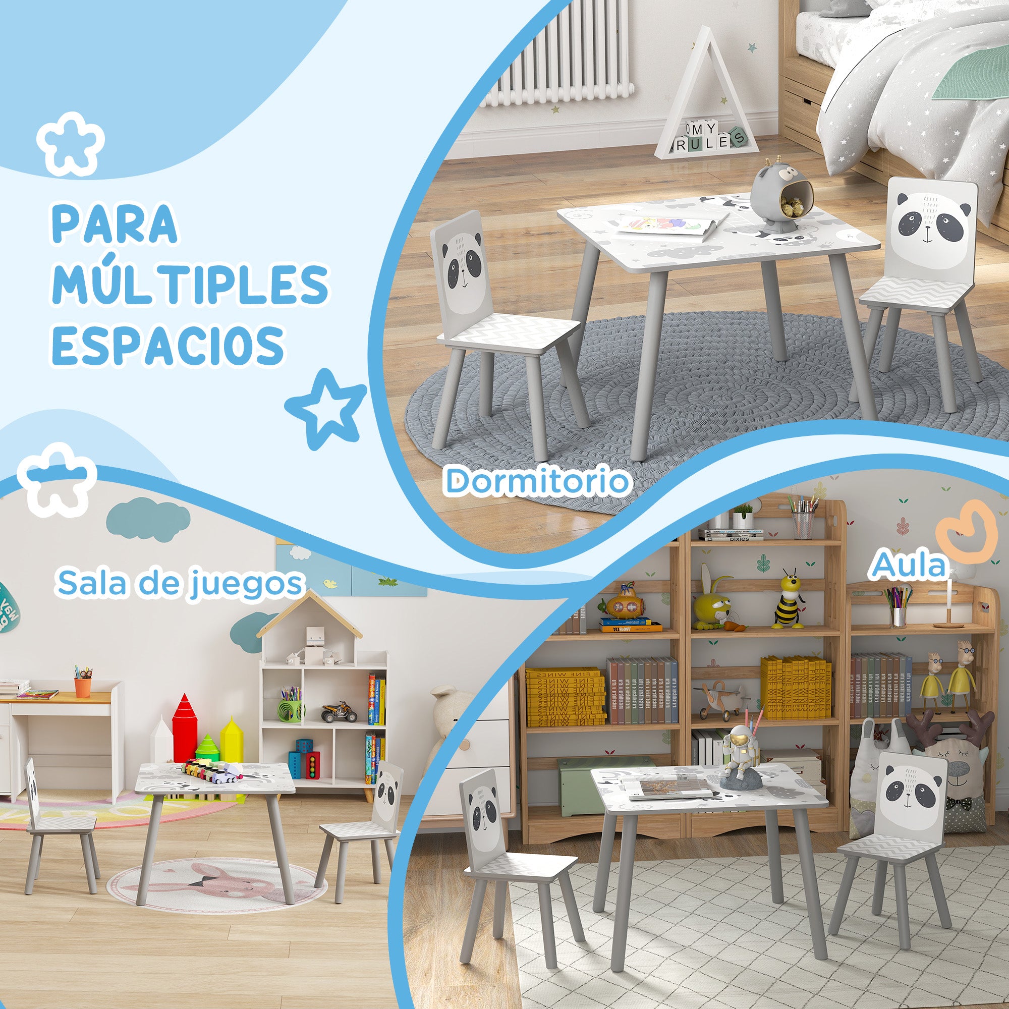 ZONEKIZ Children's 3-Piece Table and Chairs Set Children's Table with 2 Chairs Activity Furniture Set for Kids 3-8 Years for Bedroom Playroom Gray and White