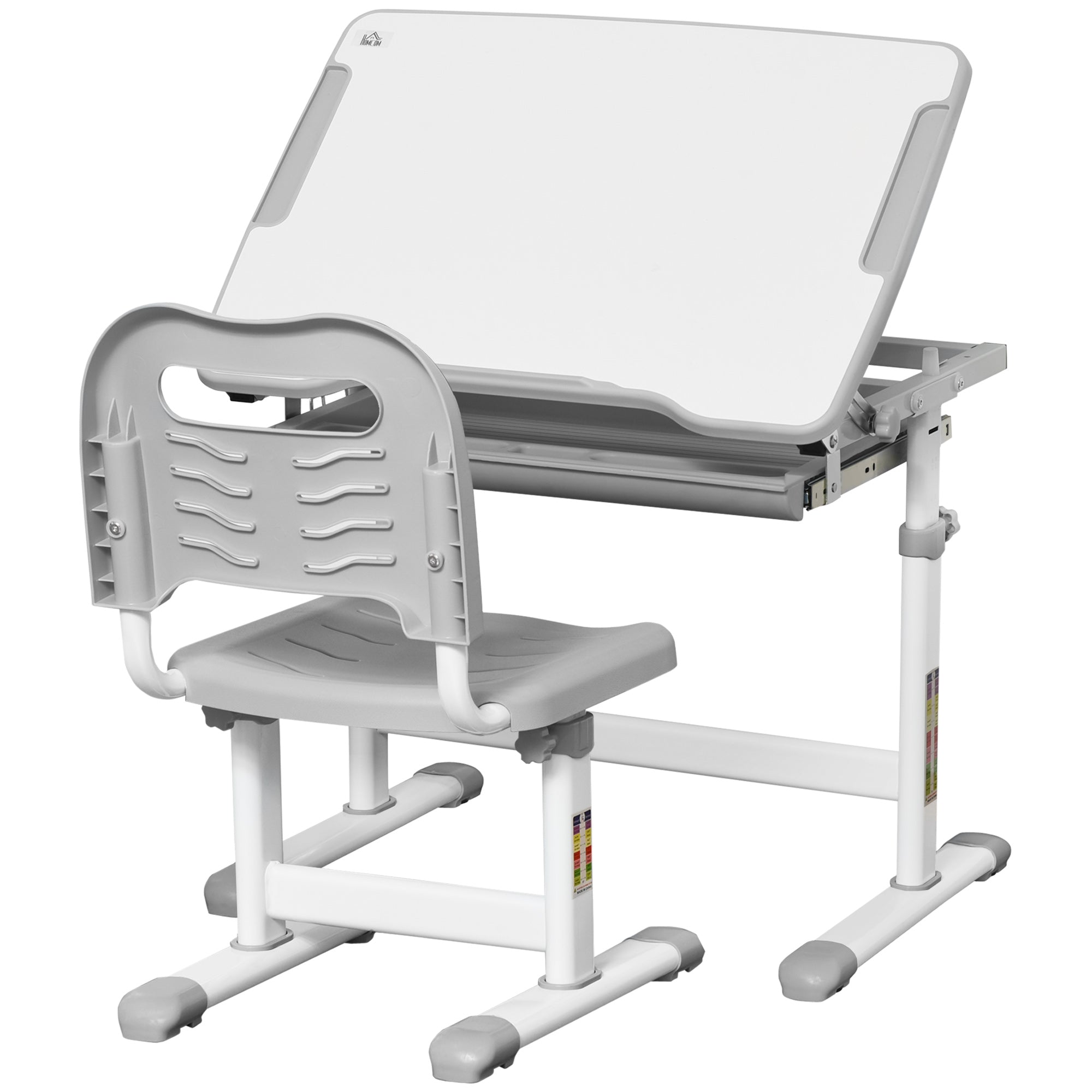 Adjustable Height School Desk for Children 6-12 Years, Desk and Chair Set with 45° Tiltable Desktop, Drawer, 2 Pen Holders, and Hook, Gray
