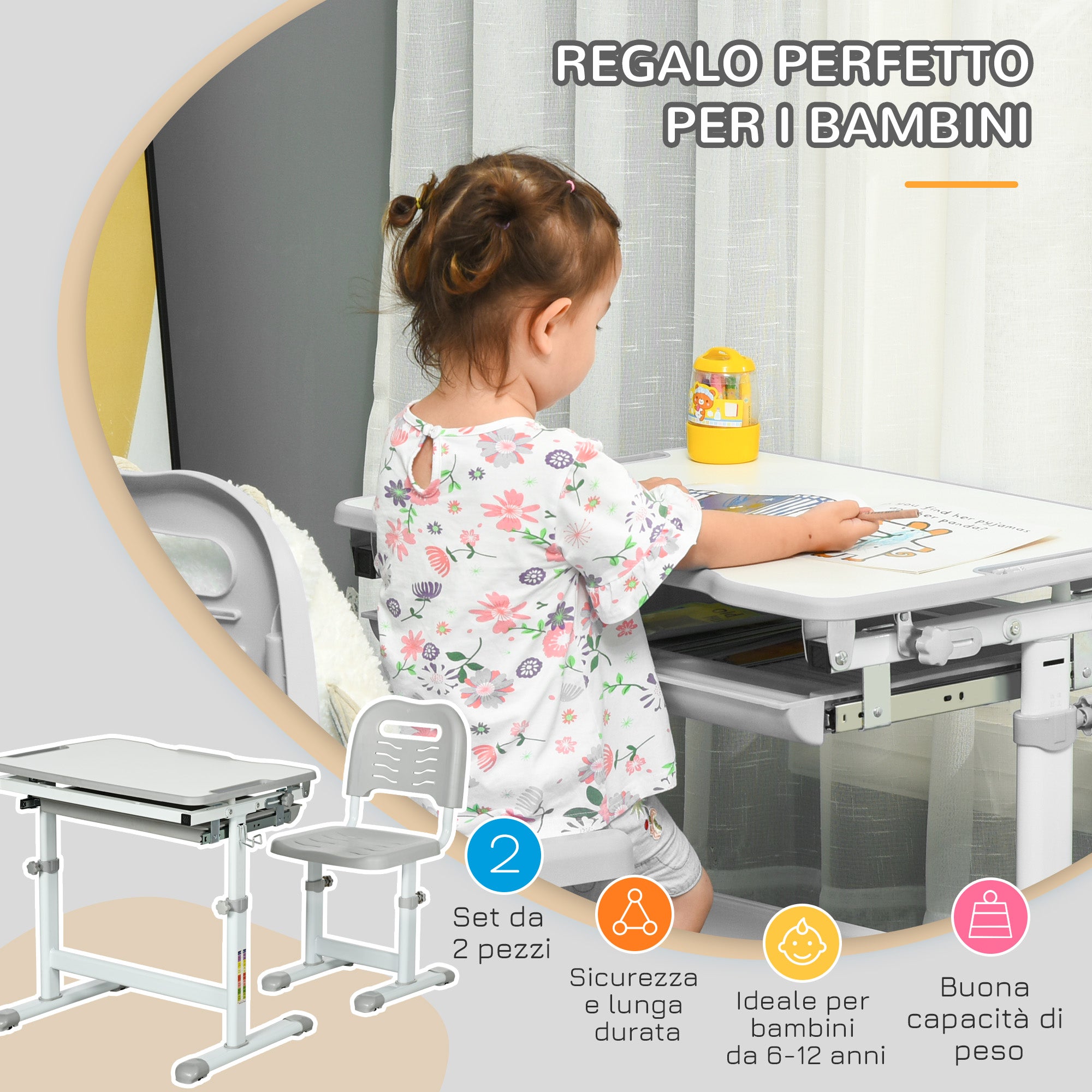Adjustable Height School Desk for Children 6-12 Years, Desk and Chair Set with 45° Tiltable Desktop, Drawer, 2 Pen Holders, and Hook, Gray