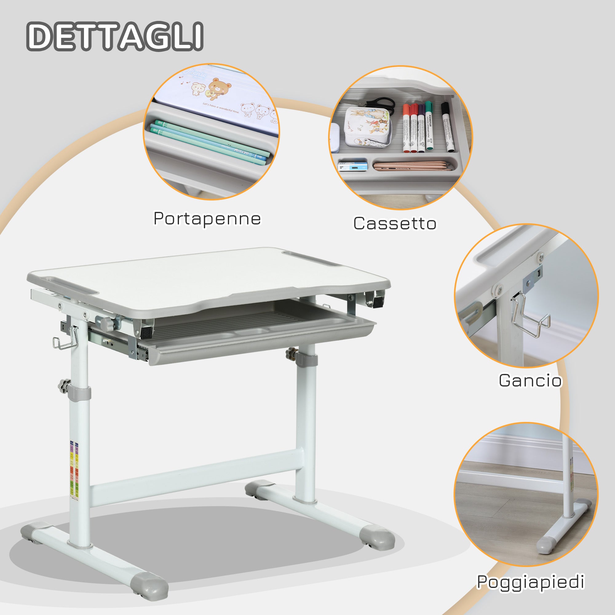 Adjustable Height School Desk for Children 6-12 Years, Desk and Chair Set with 45° Tiltable Desktop, Drawer, 2 Pen Holders, and Hook, Gray