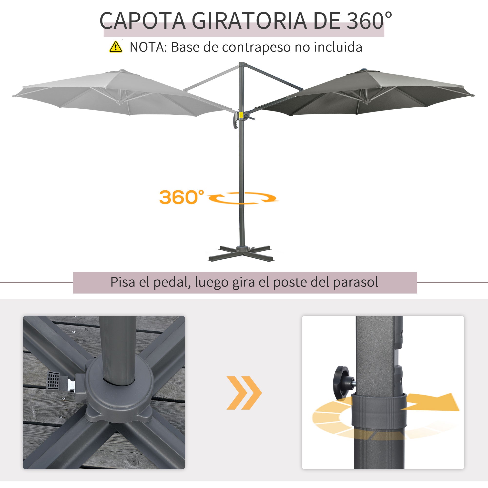 Garden Umbrella Ø300x250 cm Offset Aluminum Parasol with Crank Tilt 360° Rotating Canopy with Pedal and Cross Base Gray
