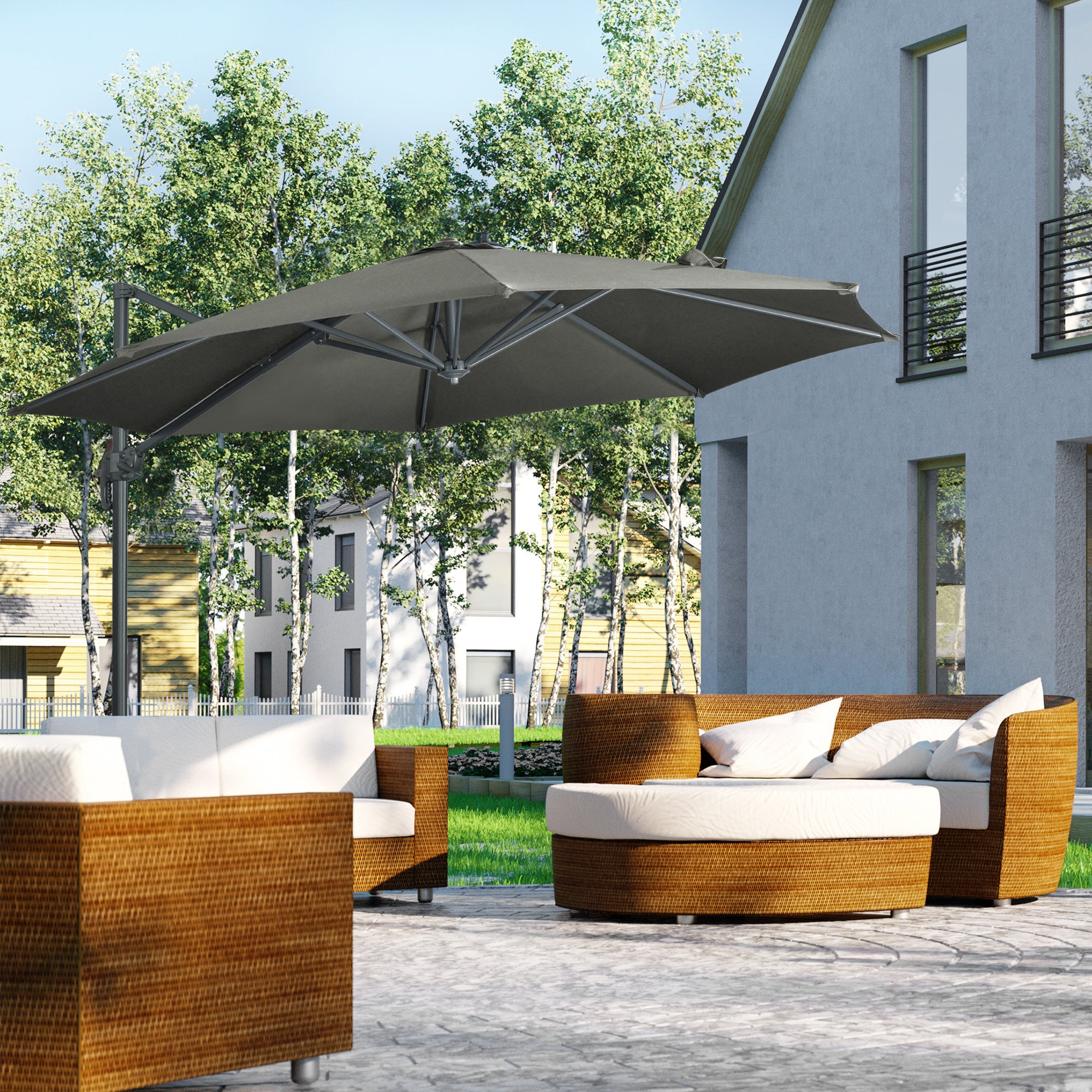 Garden Umbrella Ø300x250 cm Offset Aluminum Parasol with Crank Tilt 360° Rotating Canopy with Pedal and Cross Base Gray